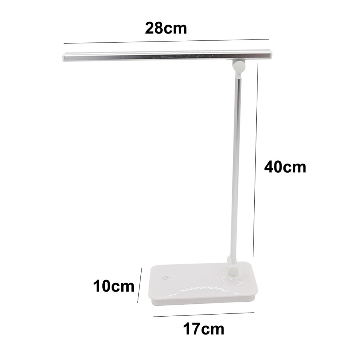 Weiße Schreibtischlampe mit Maßangaben. Rechteckiger Sockel trägt einen vertikalen Arm mit Lichtleiste.