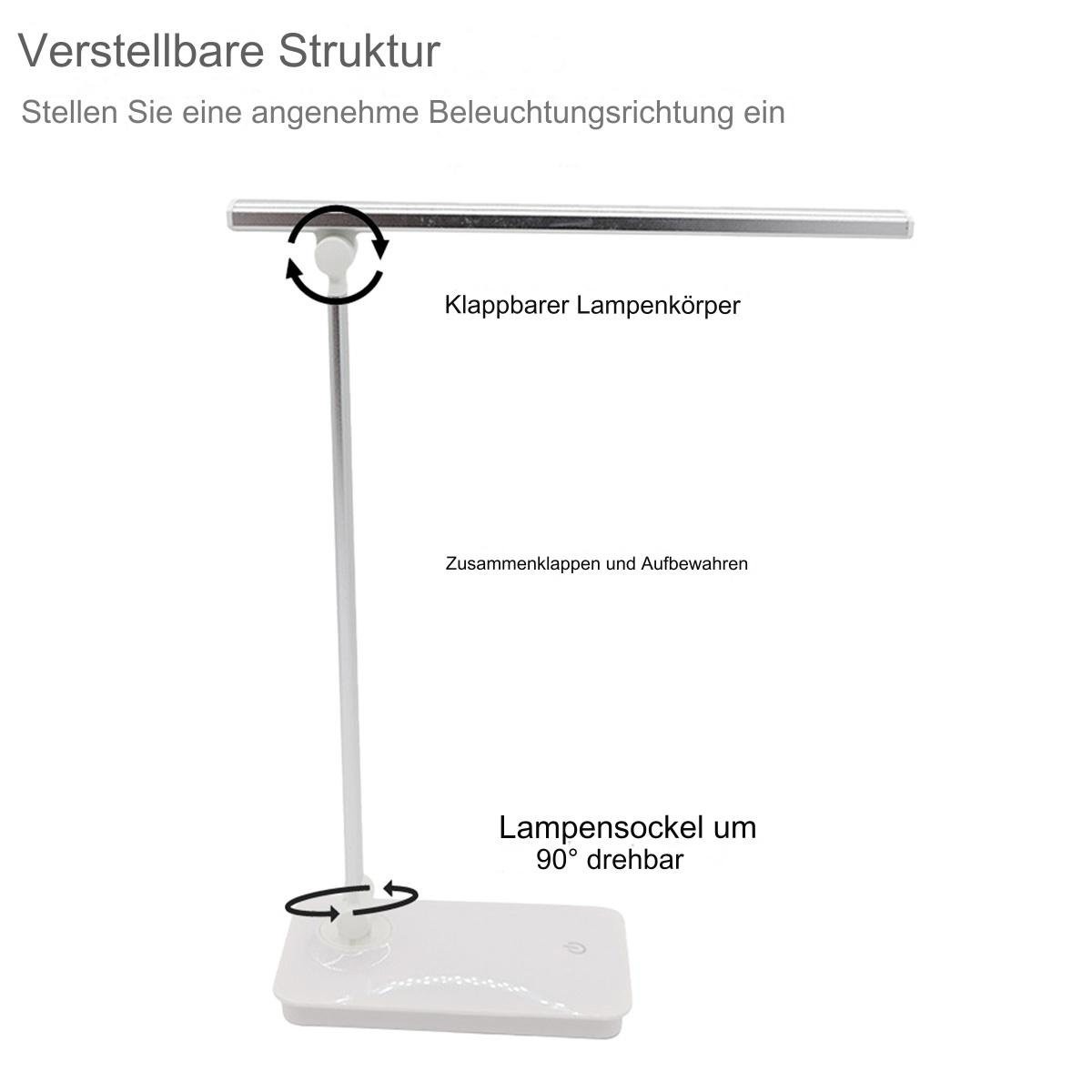 Eine weiße Schreibtischlampe mit verstellbaren Teilen, mit deutschen Beschriftungen.