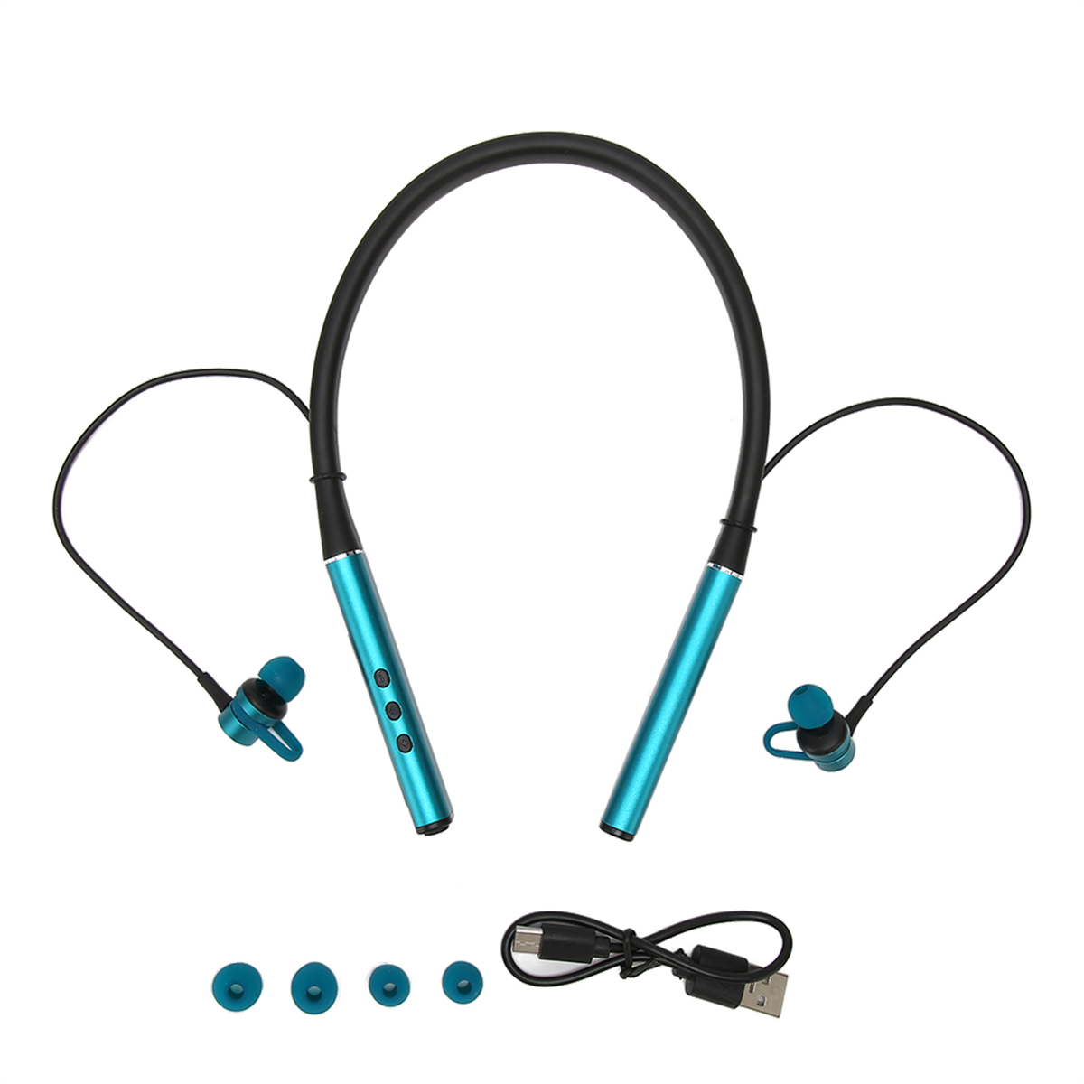 Halsband-Kopfhörer in Blau und Schwarz mit mehreren Ohrstöpseln und einem Ladekabel.