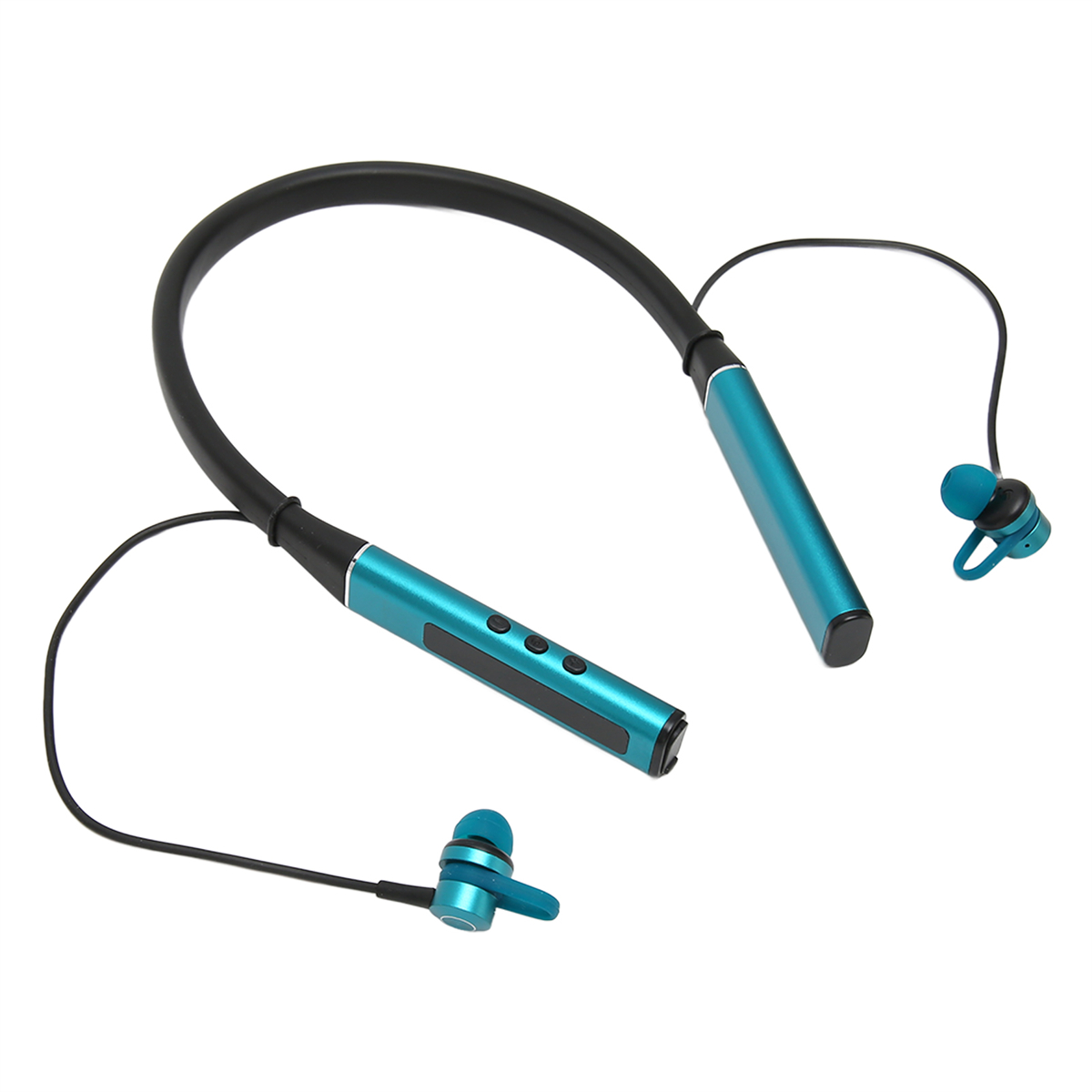 Ein blau-schwarzes Bluetooth-Headset im Nackenband-Stil. Zwei blaue Ohrhörer hängen am Band.