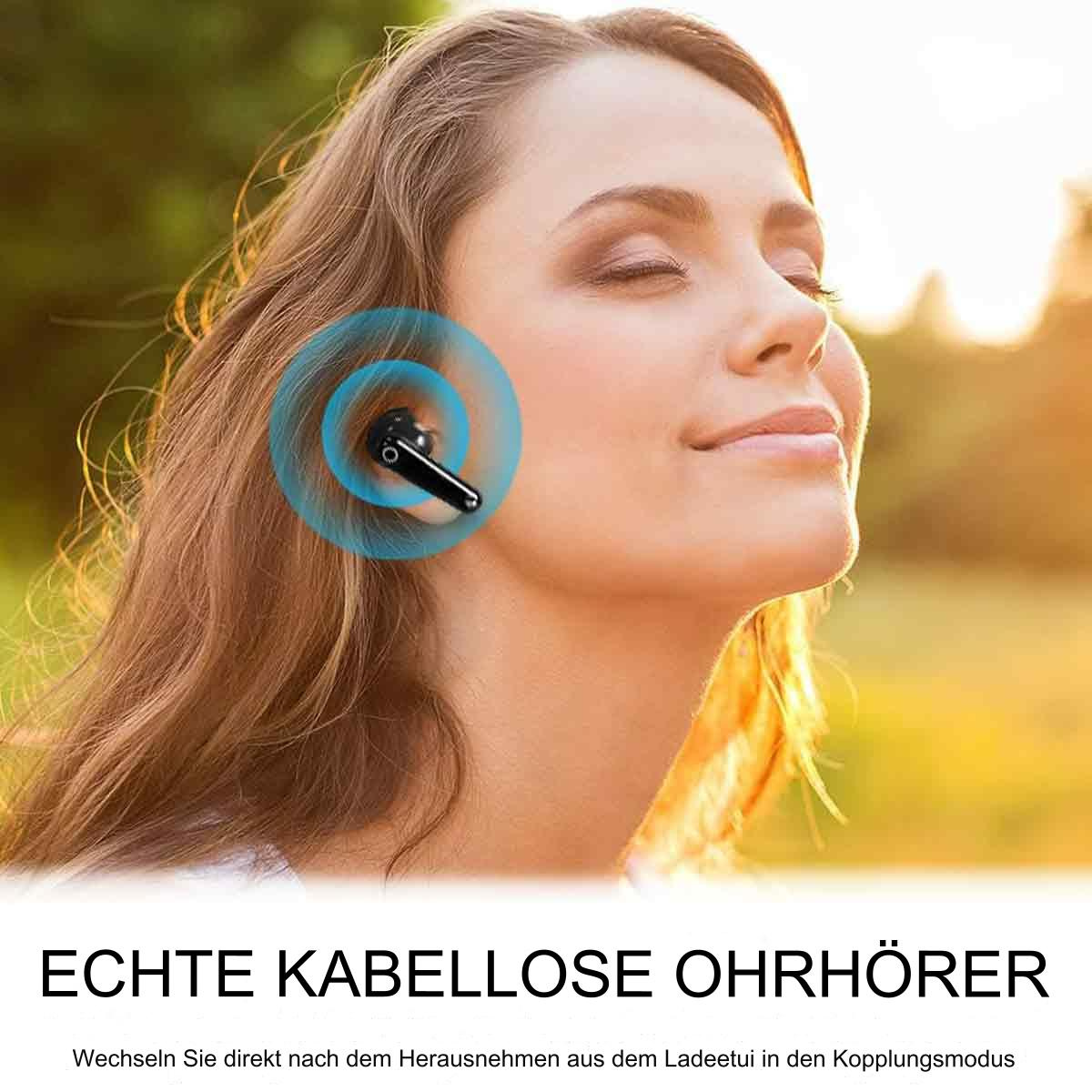 Eine Frau mit einem kabellosen Ohrhörer. Das Bild hat eine türkisfarbene Schallwellengrafik um den Ohrhörer.