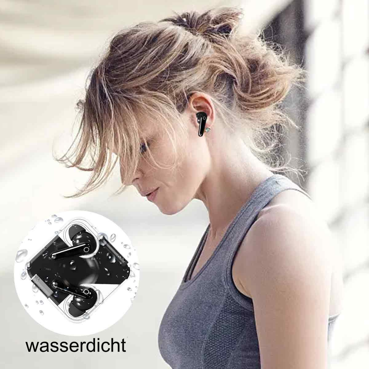 Frau mit Ohrhörern, Etui mit Ohrhörern und Text lautet 'wasserdicht'.