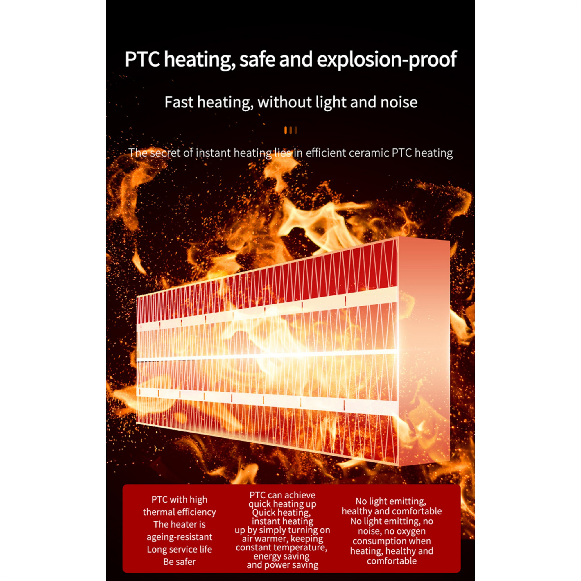 Roter und weißer rechteckiger Heizlüfter mit Text über PTC-Heizung, sicher und explosionsgeschützt.