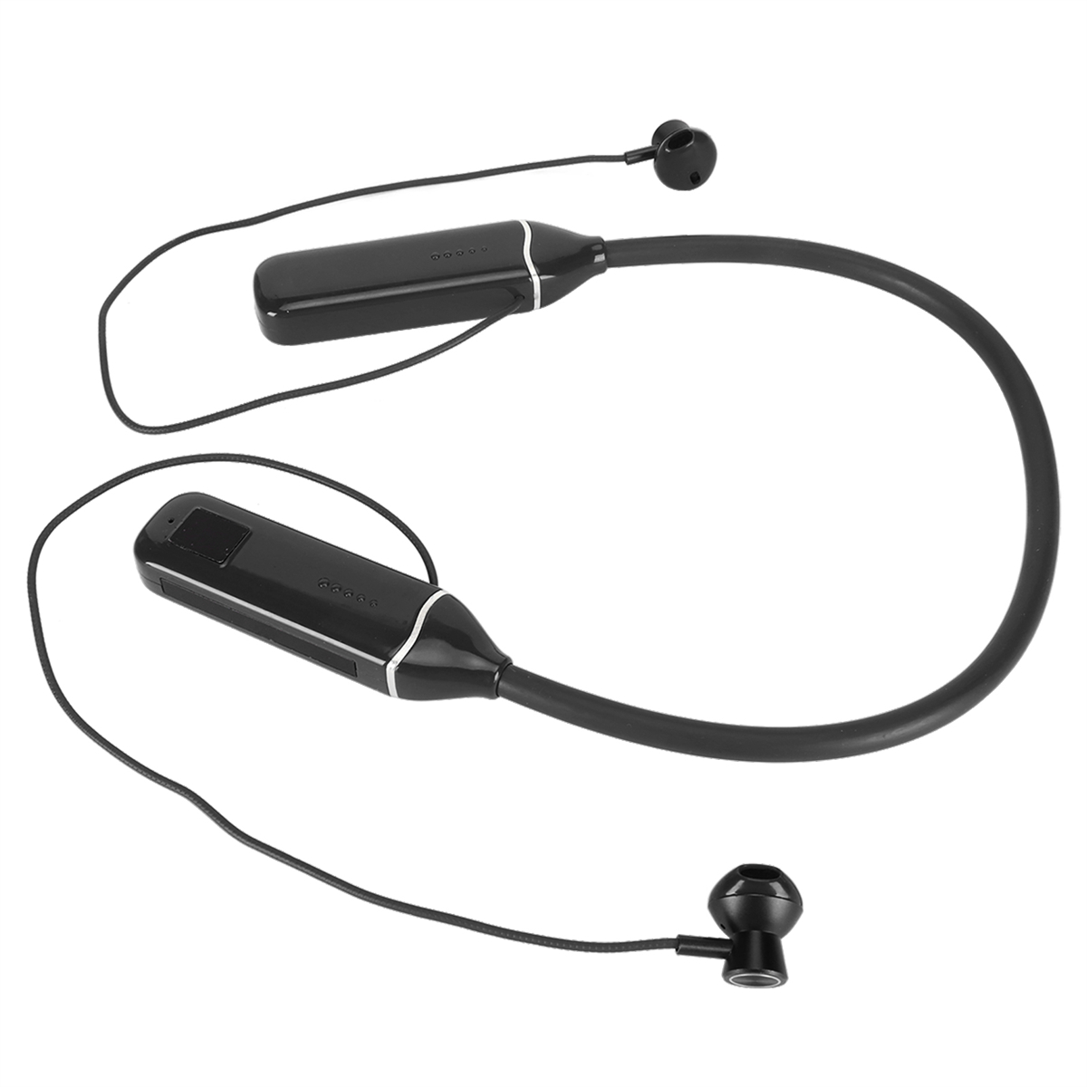 Schwarze Kopfhörer mit Nackenband. Zwei Ohrhörer mit einem schwarzen Band verbunden.