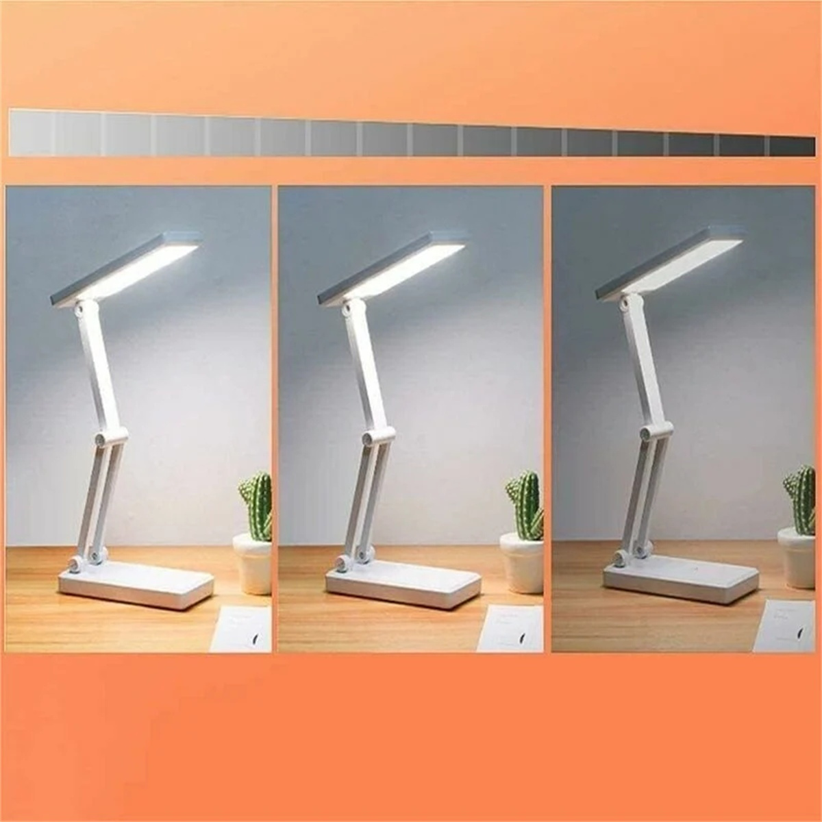 Drei weiße LED-Lampen auf orangefarbenem Hintergrund, mit grünem Kaktus auf dem Tisch.