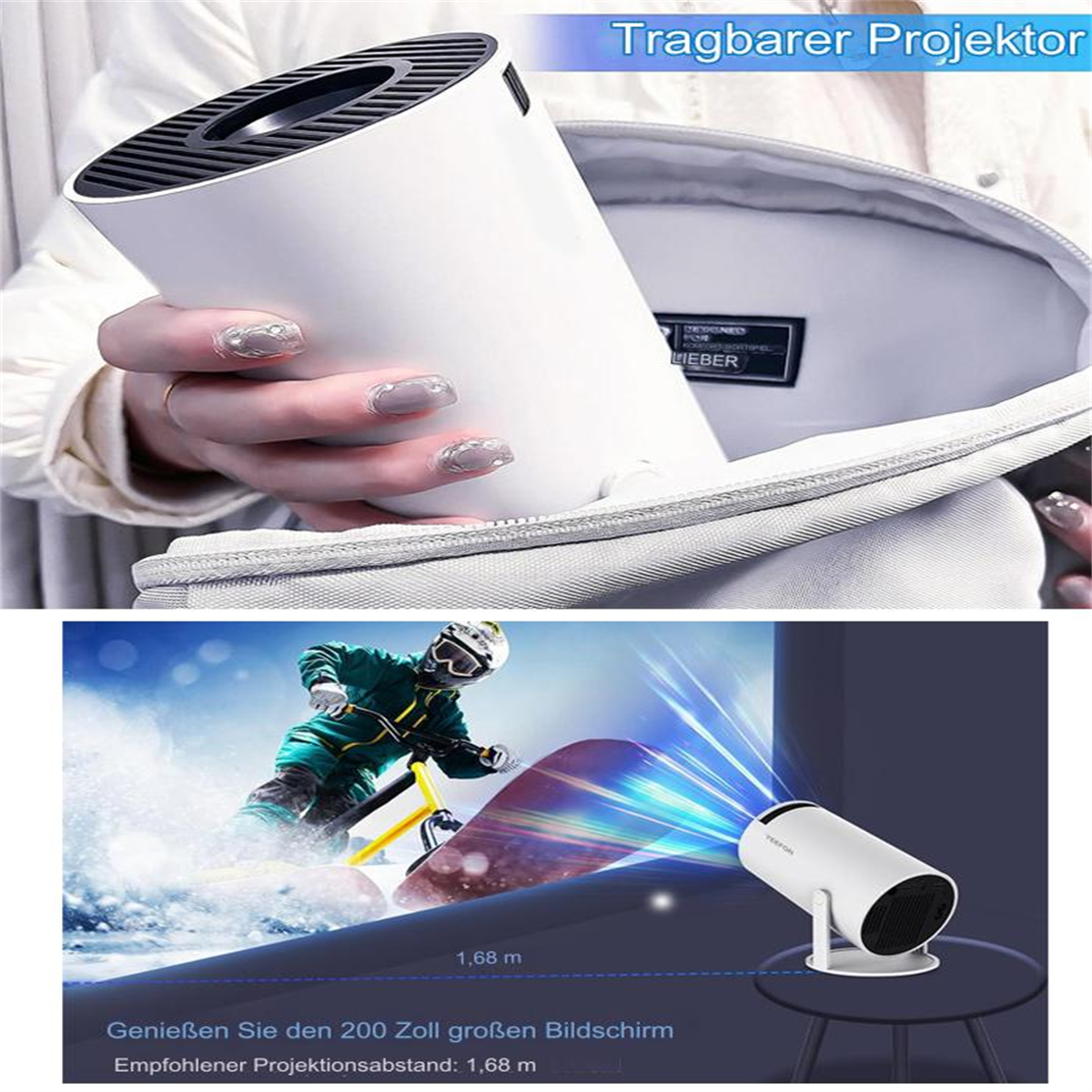 Eine Person hält einen weißen Projektor. Unten fährt ein Skifahrer Ski, und ein Projektor projiziert Licht auf eine Leinwand.