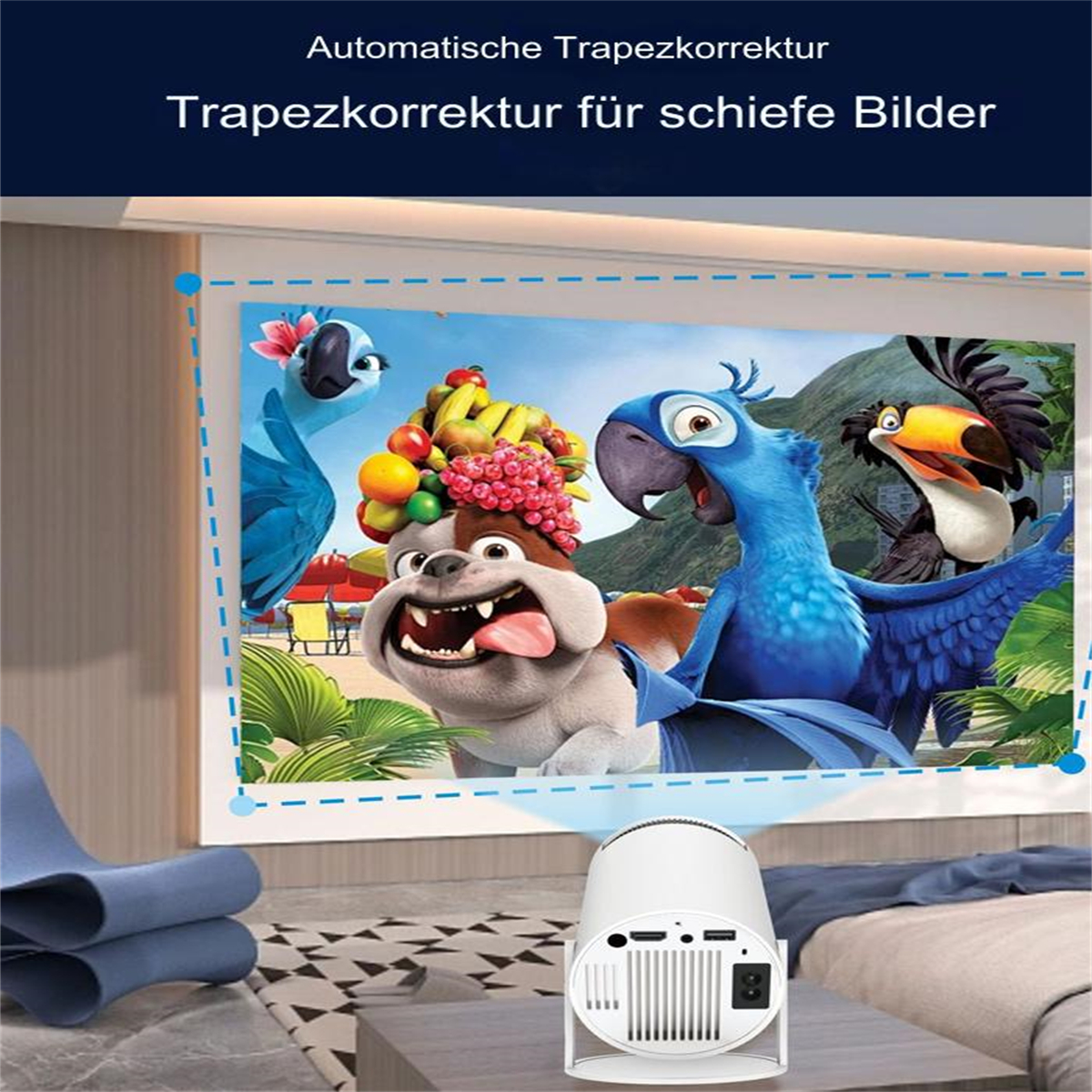 Ein Projektor zeigt einen Cartoon an der Wand. Der Cartoon zeigt bunte Vögel und einen Hund. Links ist ein blauer Stuhl.