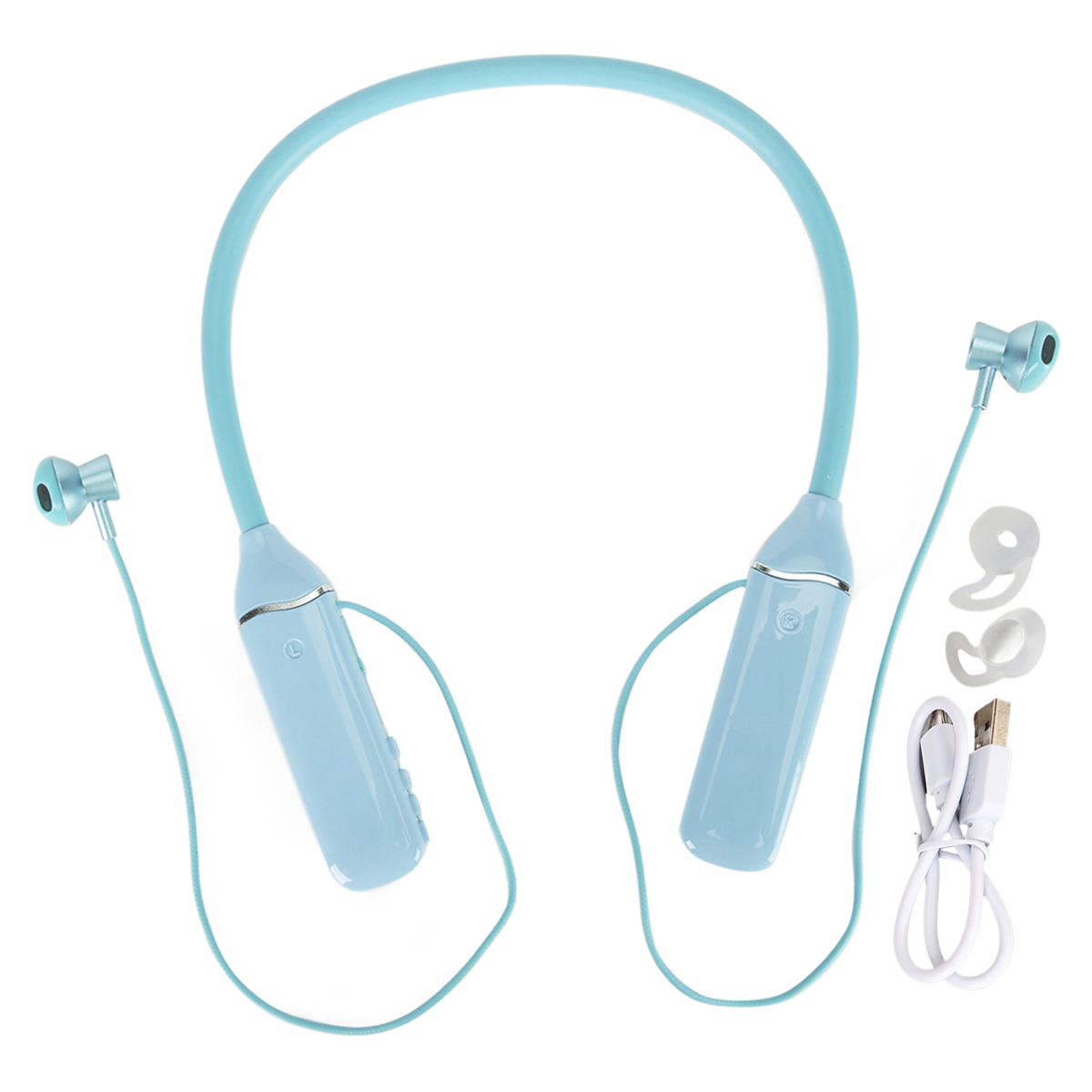 Blaue Nackenbügel-Kopfhörer mit Ohrhörer-Aufsätzen und Ladekabel auf Weiß.