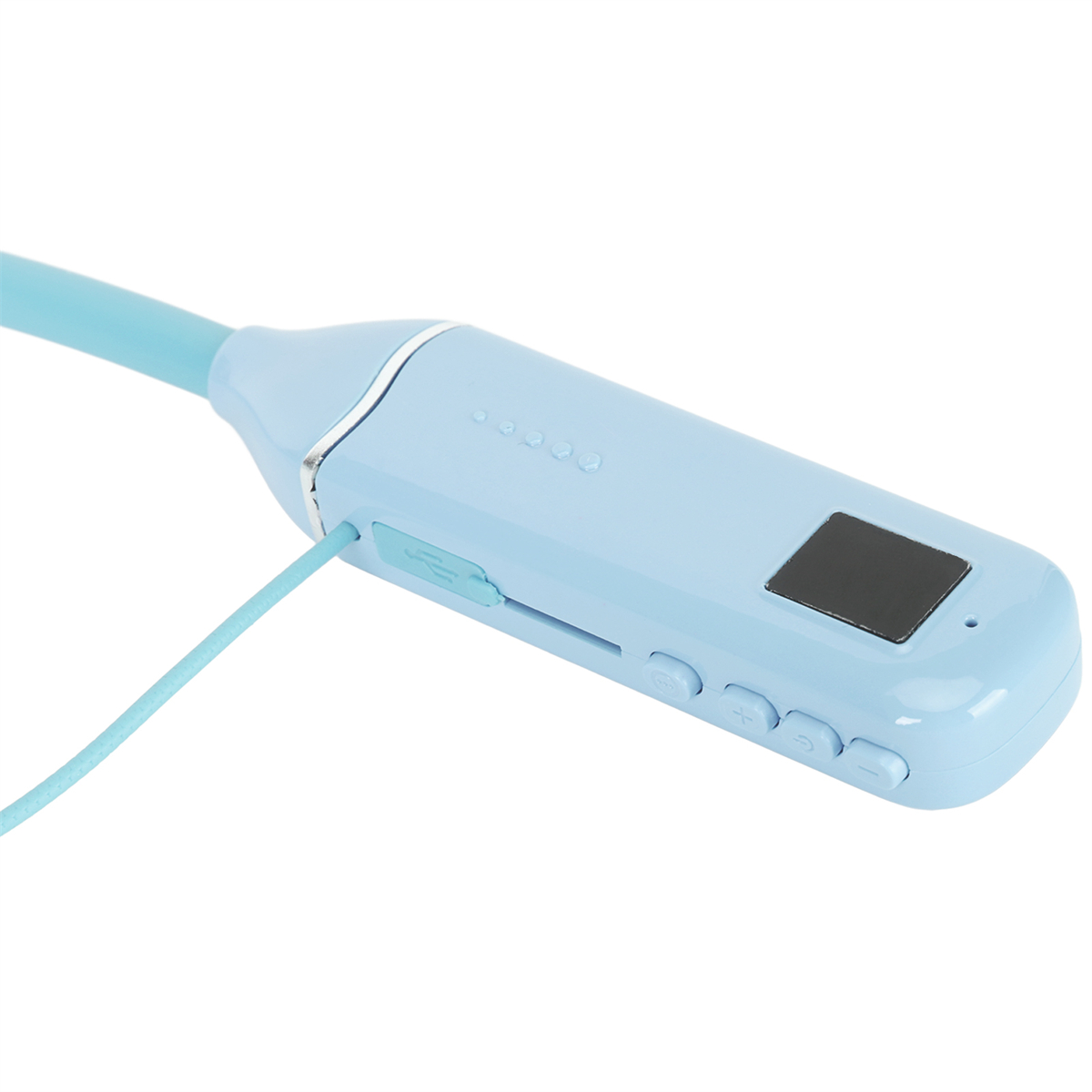 Blaues kabelloses Nackenband-Ohrhörer. USB und Bedientasten sichtbar.