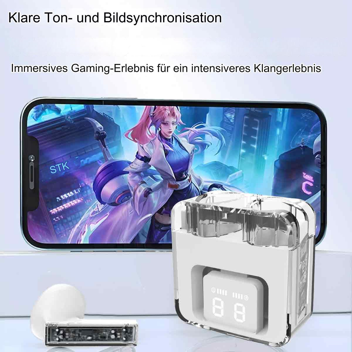 Smartphone mit Spiel, kabellose Ohrhörer und Ladecase.