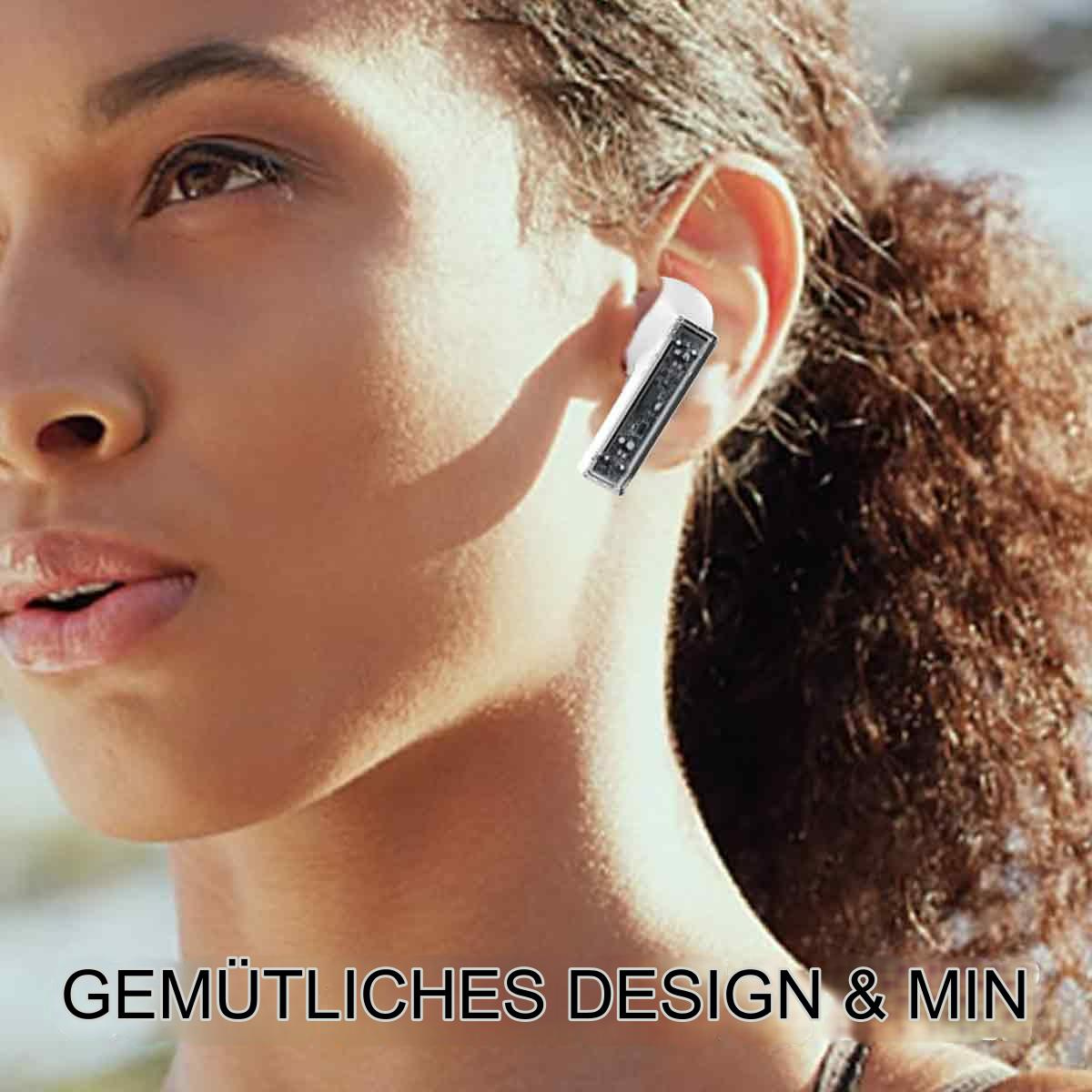 Frau, die einen weißen Ohrhörer trägt, mit dem Text GEMÜTLICHES DESIGN & MIN.