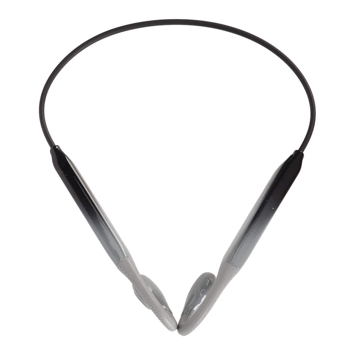 Ein Paar graue und schwarze Kopfhörer mit flexiblem Nackenband und Ohrbügeln, von oben gesehen.
