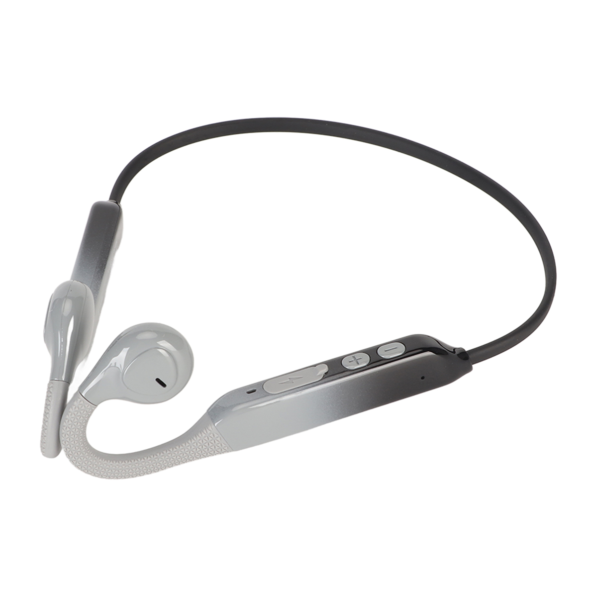 Ein graues Nackenband-Headset mit Ohrhörer und Bedientasten. Es ist ein drahtloses Gerät.