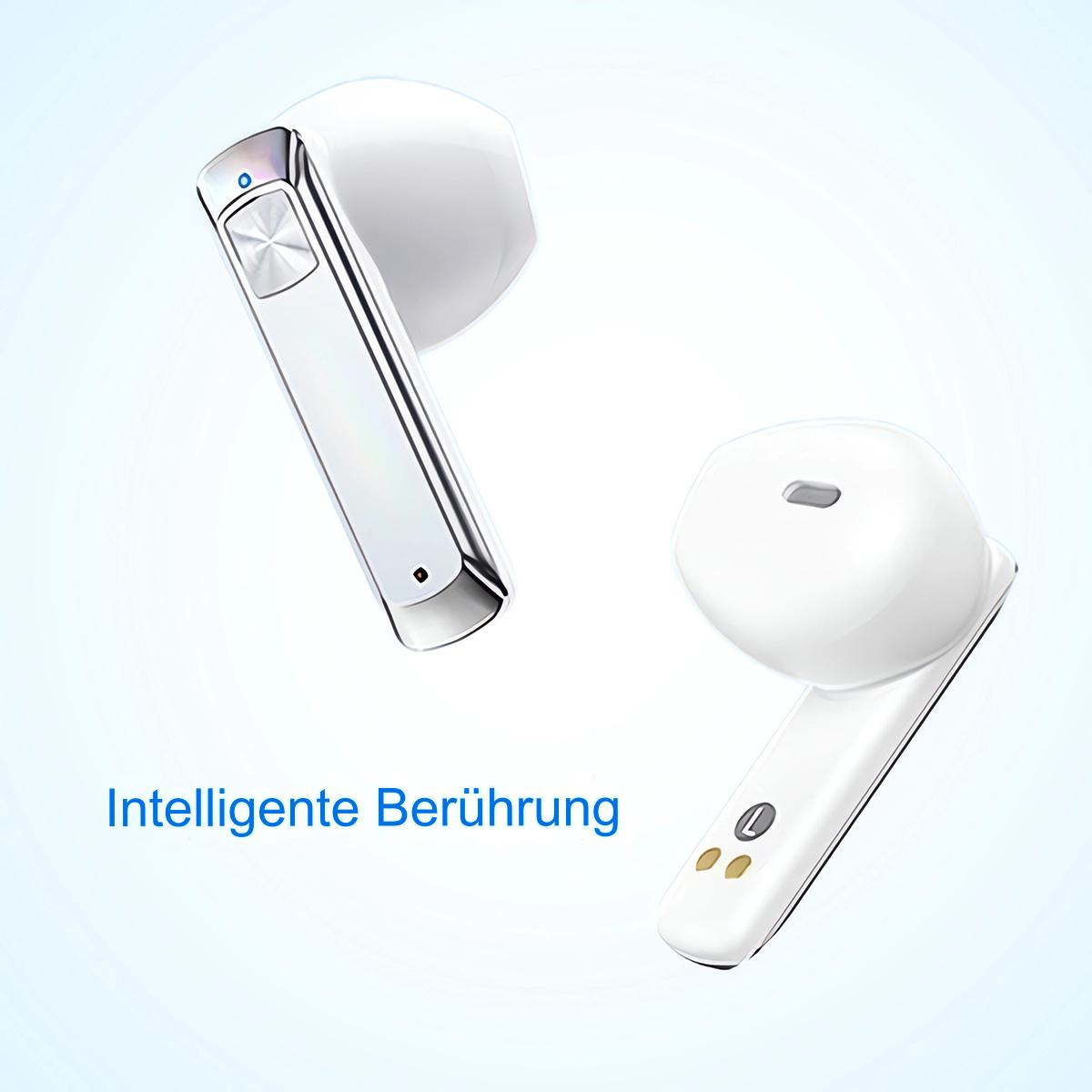 Zwei weiße Ohrhörer mit silbernen Akzenten und weißem Hintergrund. Text auf Deutsch.