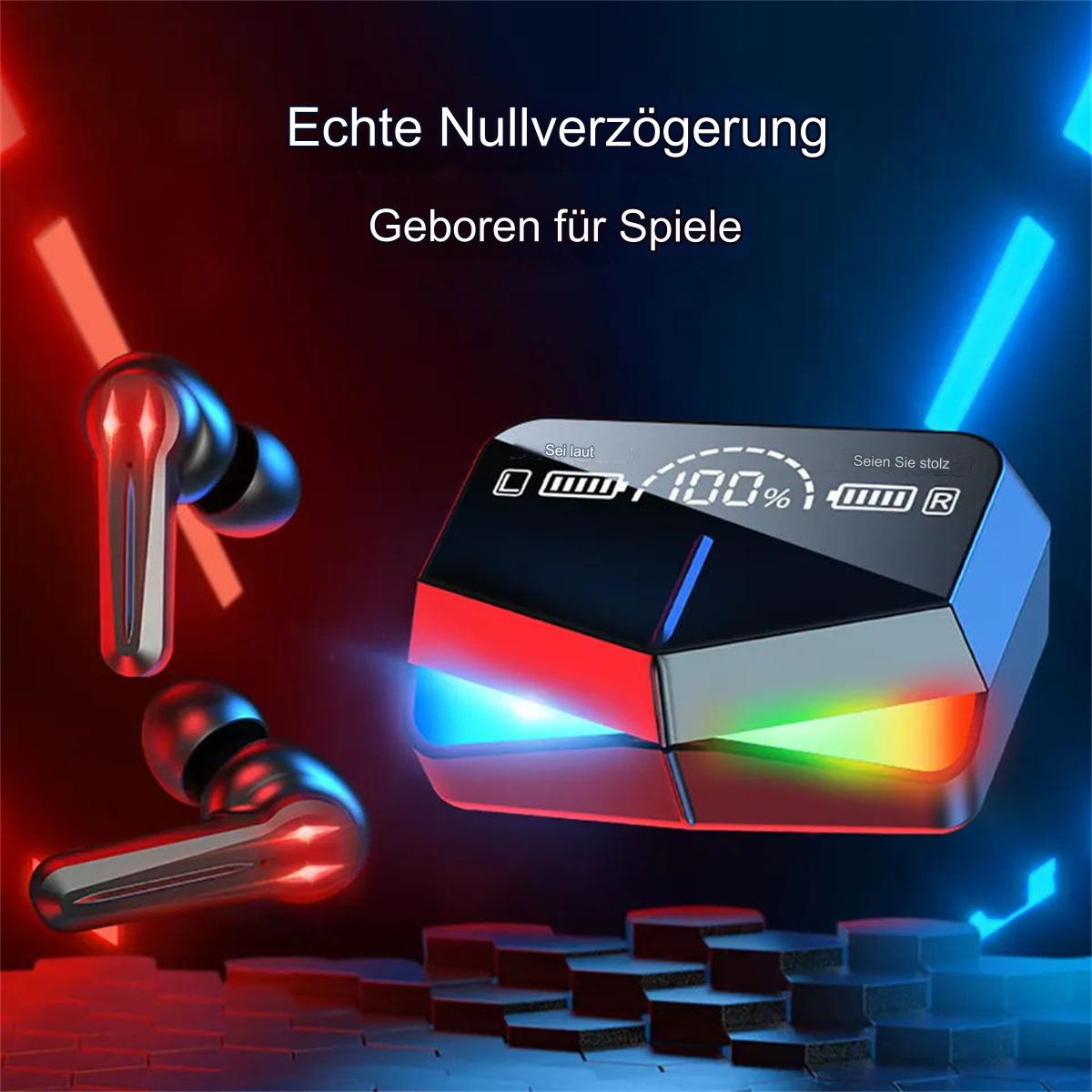 Ohrhörer und Ladecase mit LED-Leuchten. Text sagt 'Born for Games'. Rote und blaue Neonlichter.