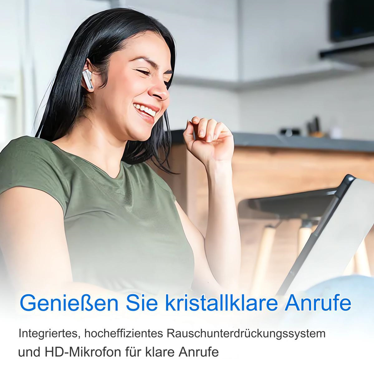 Frau lächelt, trägt weiße Ohrhörer. Tablet sichtbar. Text auf Deutsch.
