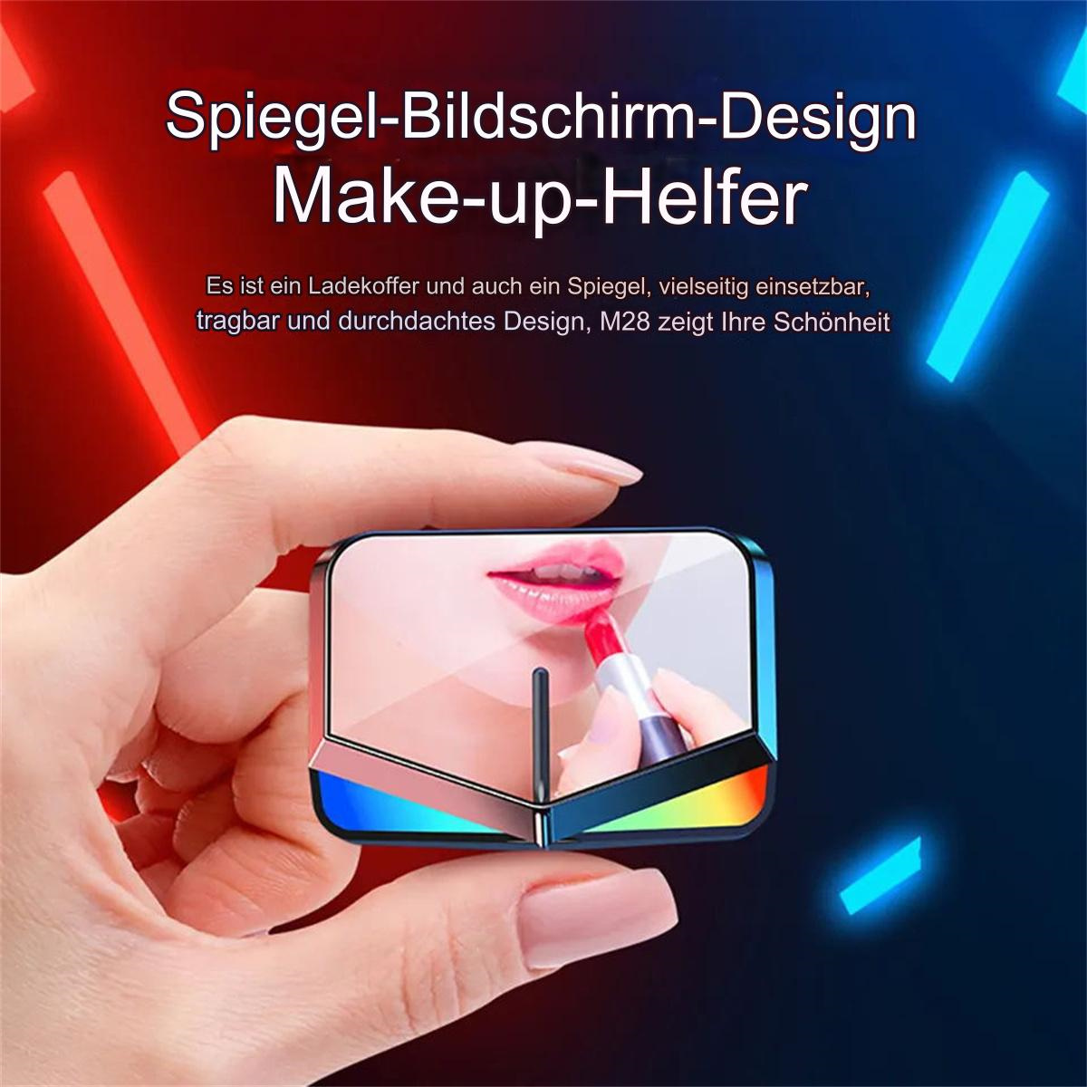 Ein kleiner, rechteckiger Make-up-Spiegel, der in einer Hand gehalten wird, und das Auftragen von Lippenstift zeigt.