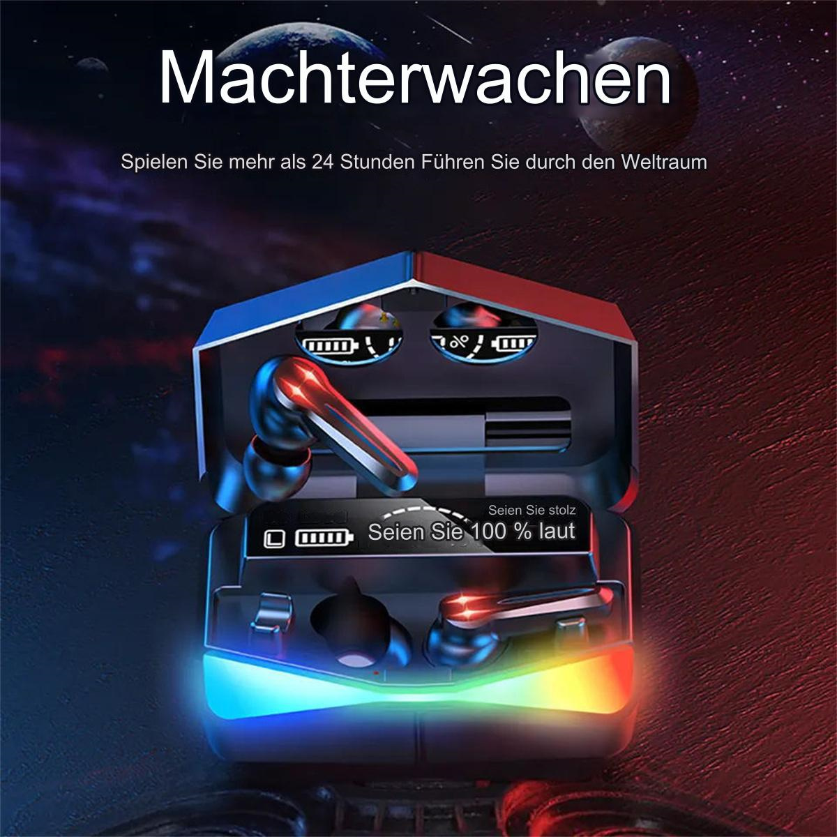 Kopfhörer in einem Ladekoffer mit Lichtern. Das Etui ist geöffnet, mit Text ober- und unterhalb der Kopfhörer.