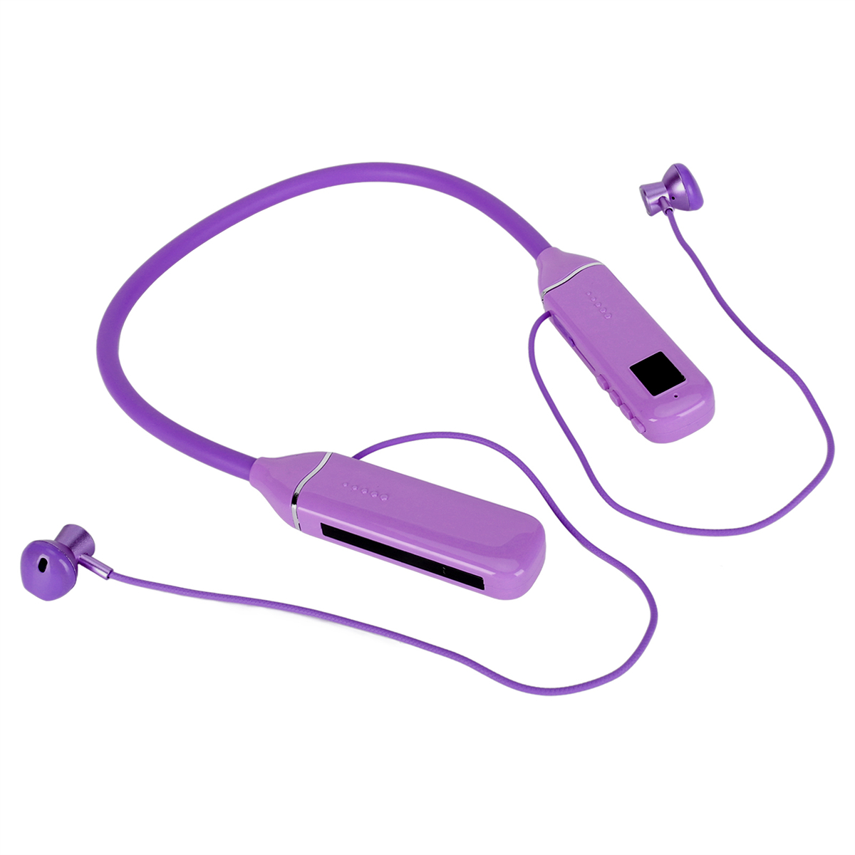 Lila Nackenbügel-Kopfhörer mit In-Ear-Ohrhörern und kleinem Display. Es ist ein modernes Design.
