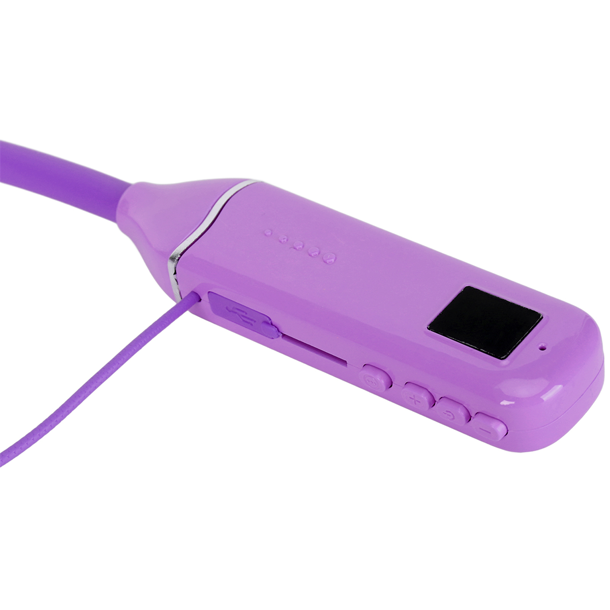 Nahaufnahme eines lila Nackenband-Headsets mit Steuertasten und einem kleinen Display.