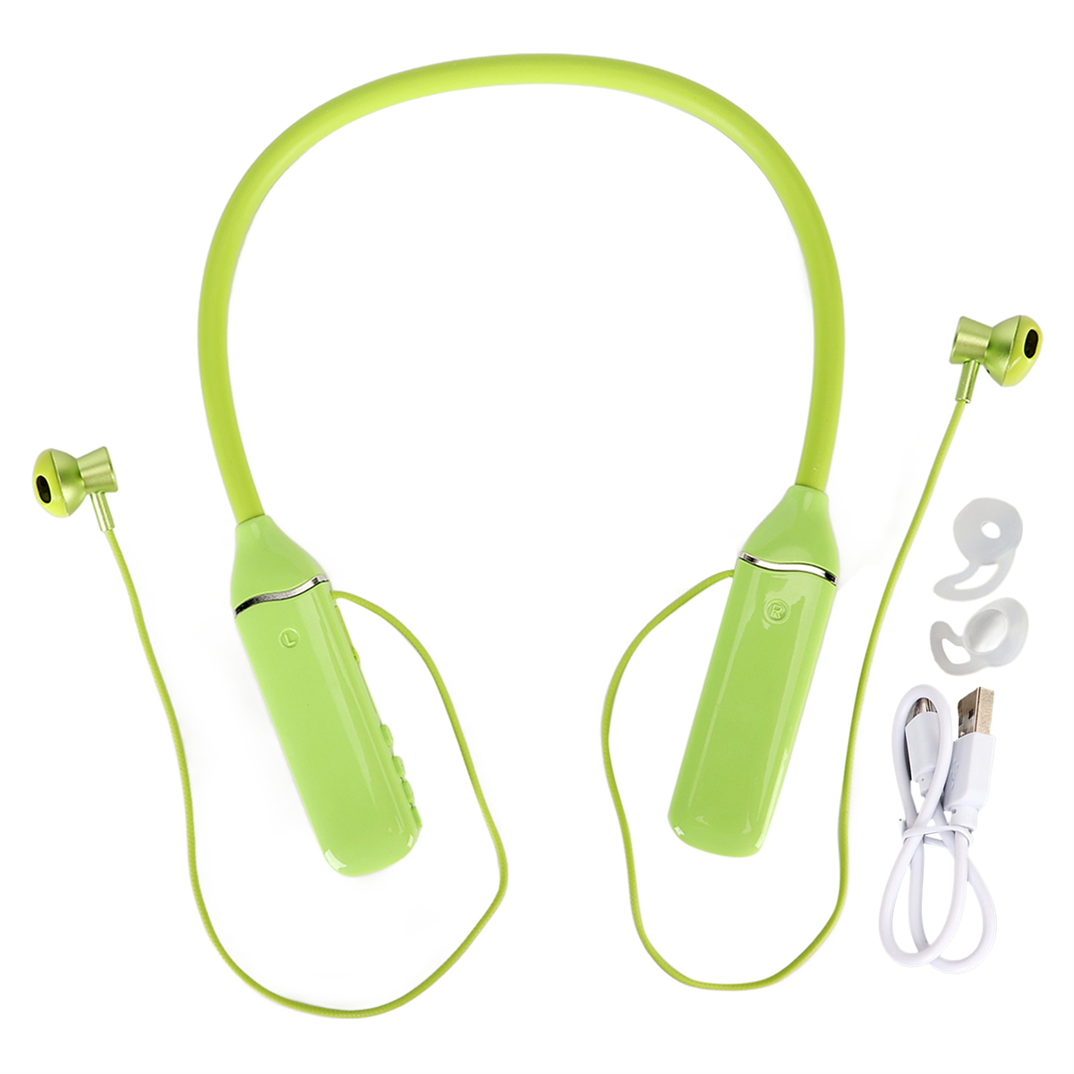 Grüne Nackenbügel-Kopfhörer mit weißen Ohrstöpseln und Ladekabel.