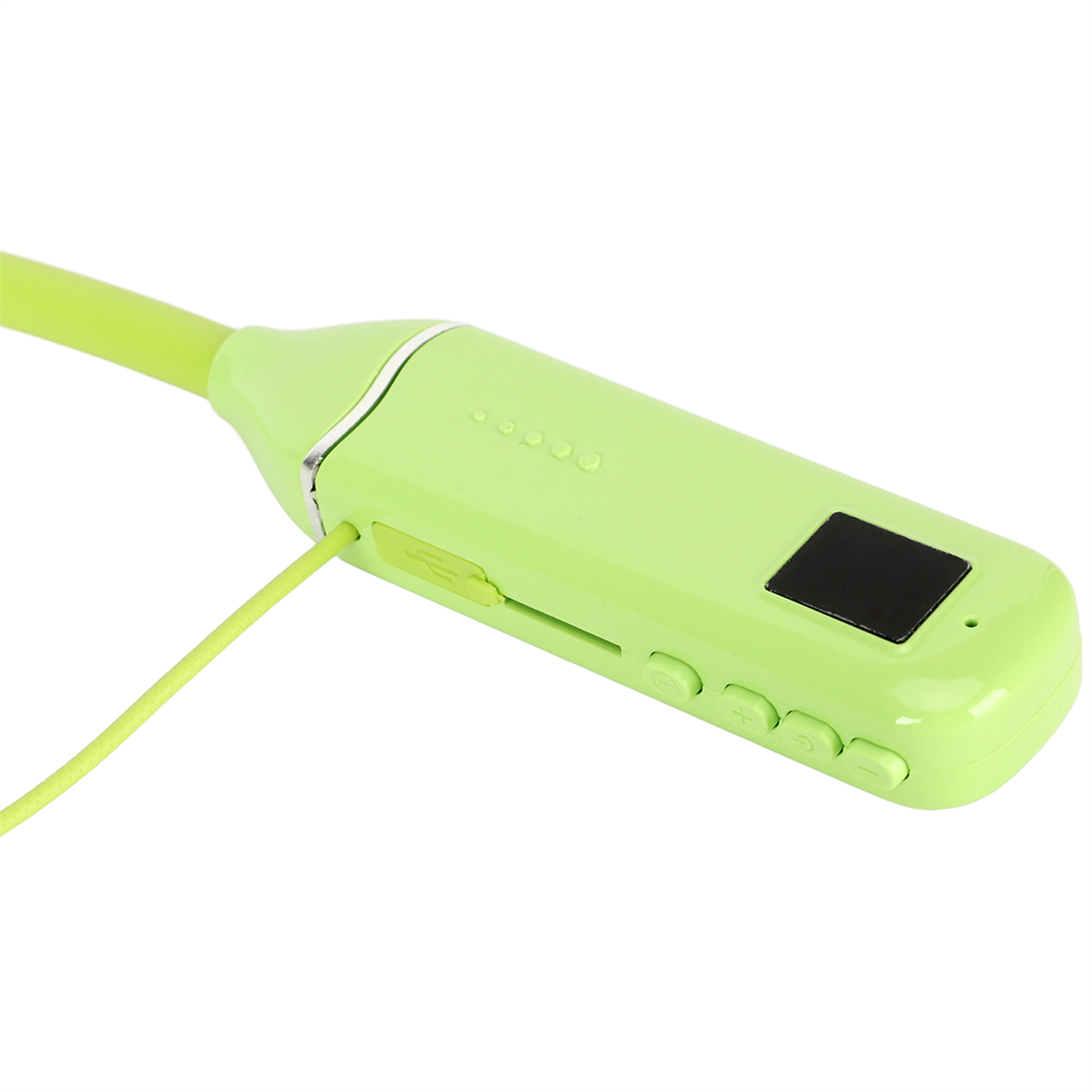 Grünes und weißes drahtloses Headset. Es hat Knöpfe und einen Ladeanschluss.