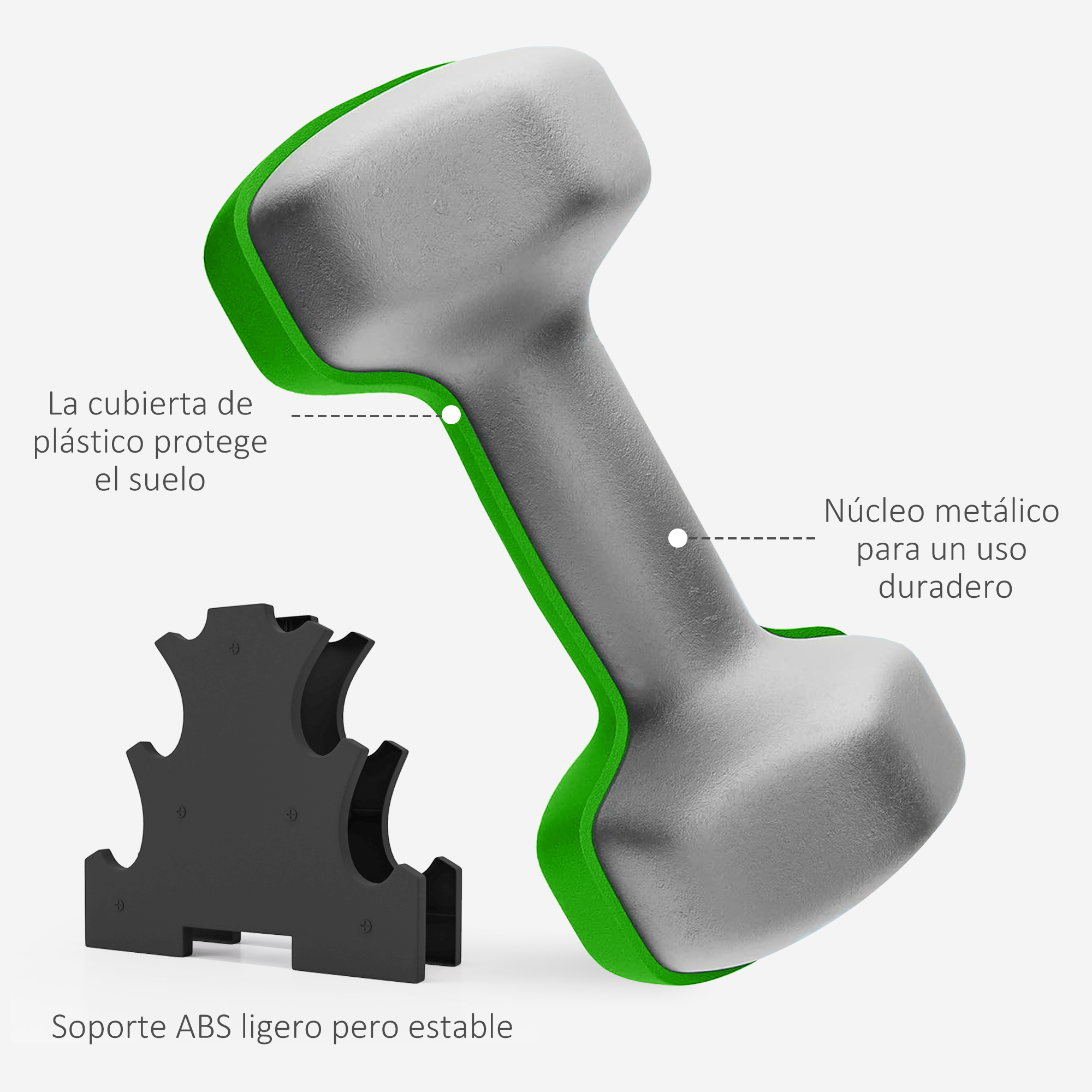 Mancuerna con un acento verde, un estante de almacenamiento y etiquetas de texto.