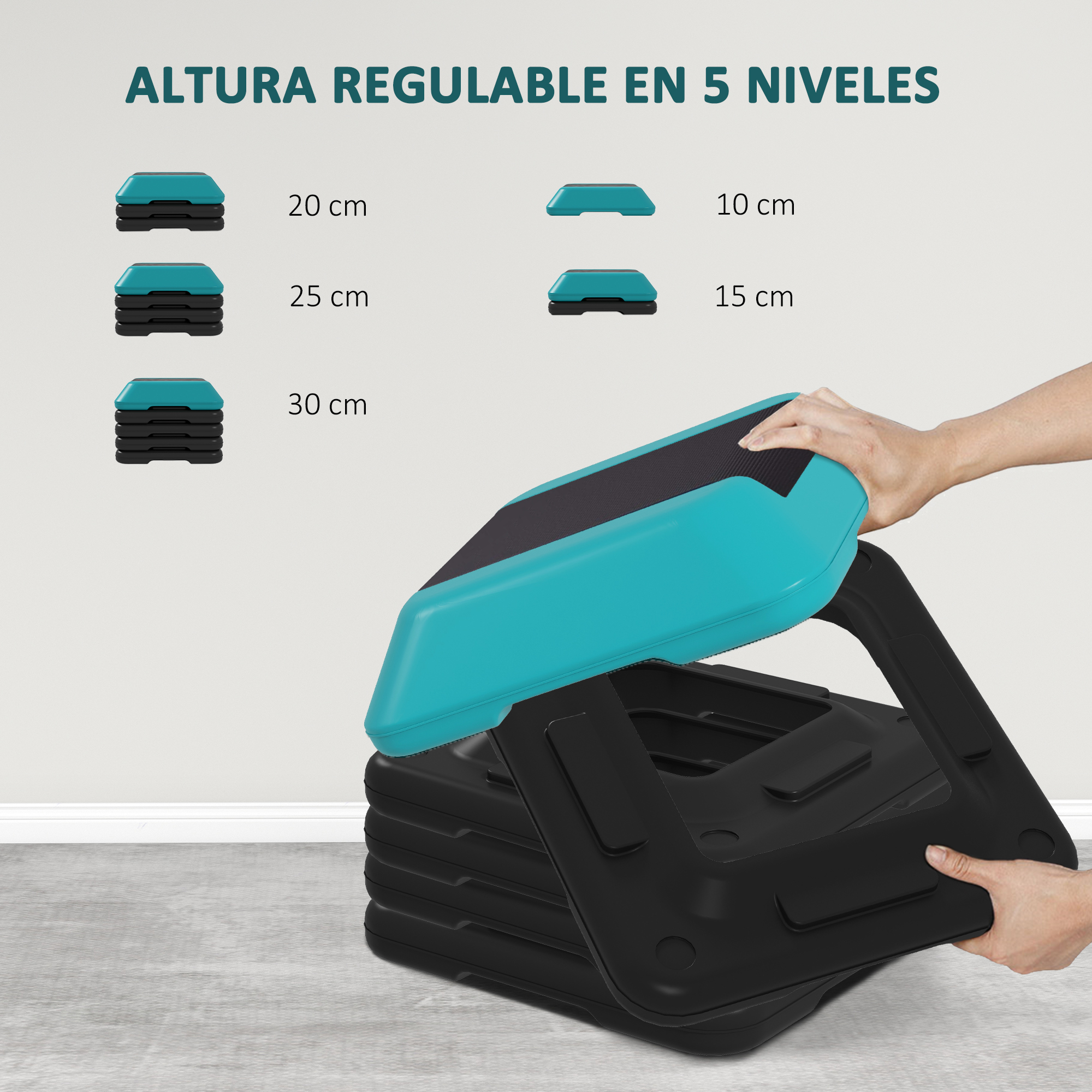 Plataforma de escalón ajustable con niveles marcados en centímetros.