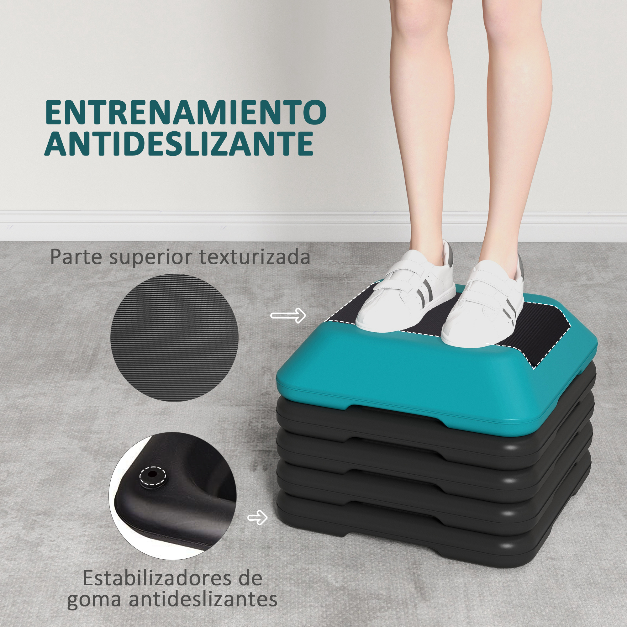 Persona de pie sobre una plataforma de escalones turquesa y negra. Texto: Entrenamiento antideslizante, superficie texturizada.
