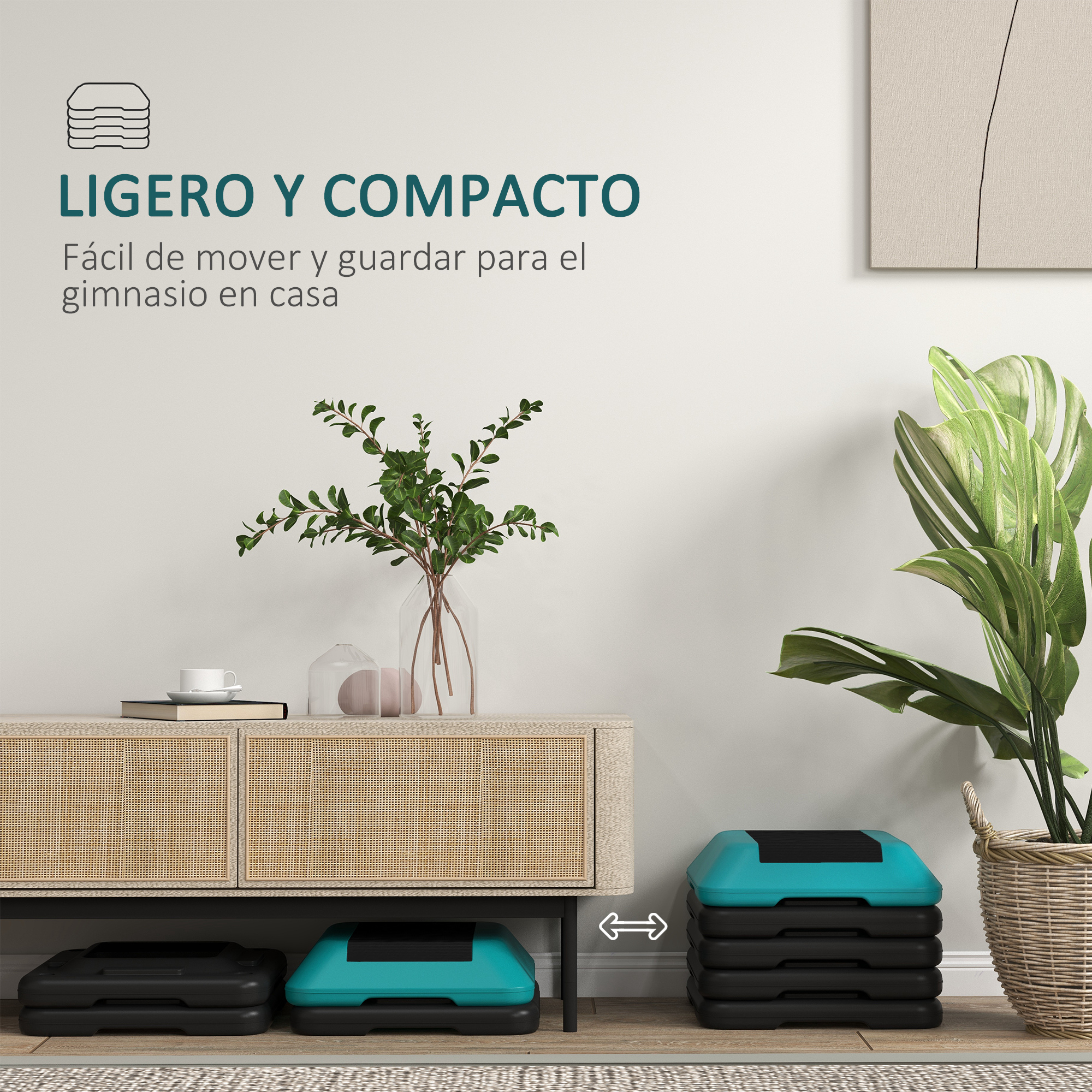 Un mueble moderno con plantas, texto arriba y escalones abajo. La escena tiene un ambiente brillante.