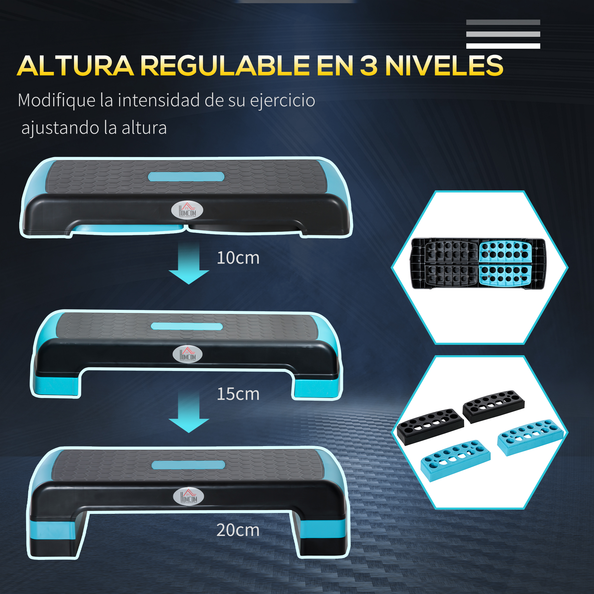 Plataforma de step ajustable con partes azules y negras. Escalones a diferentes alturas.