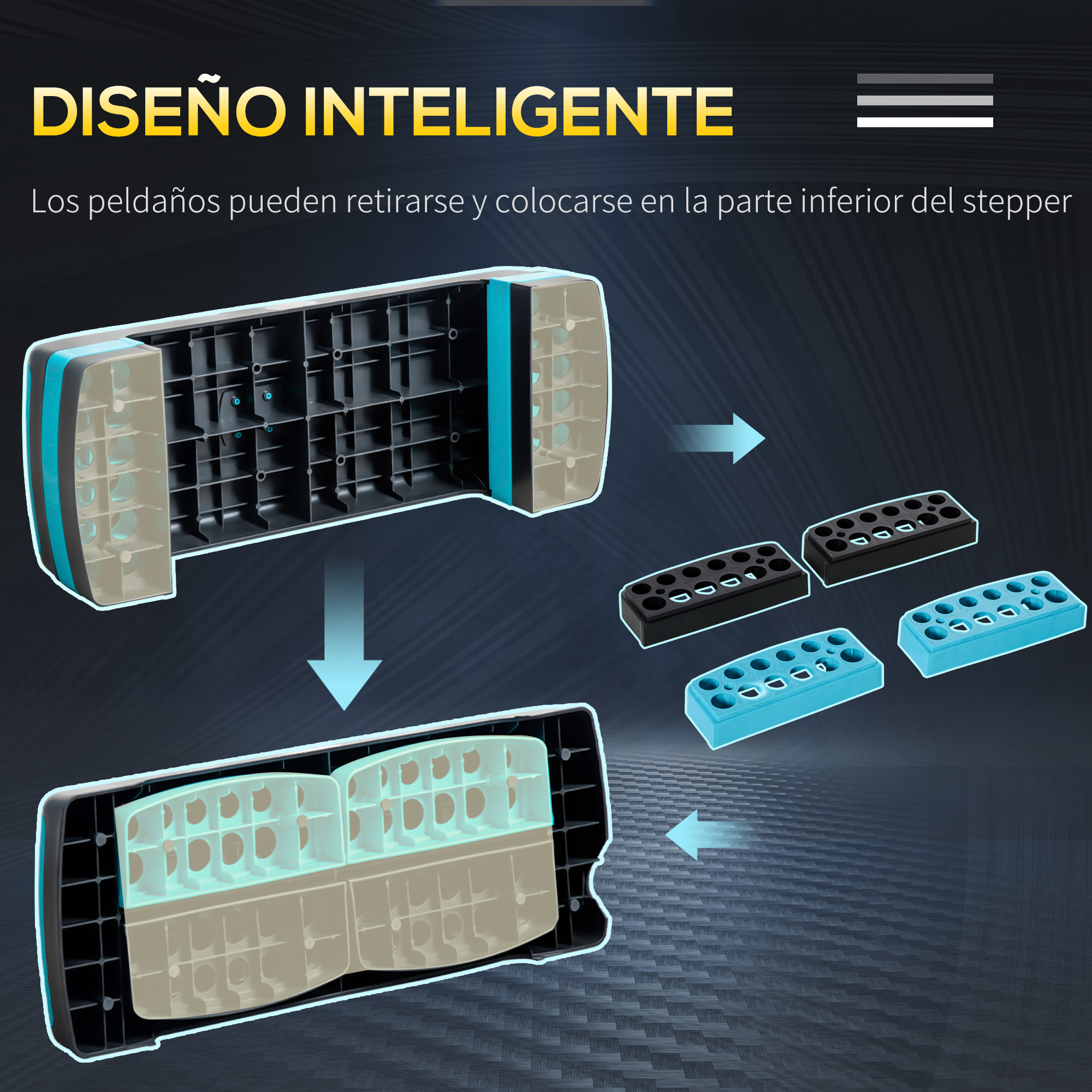 Un stepper con partes desmontables. El diseño permite quitar y colocar los escalones en la parte inferior.