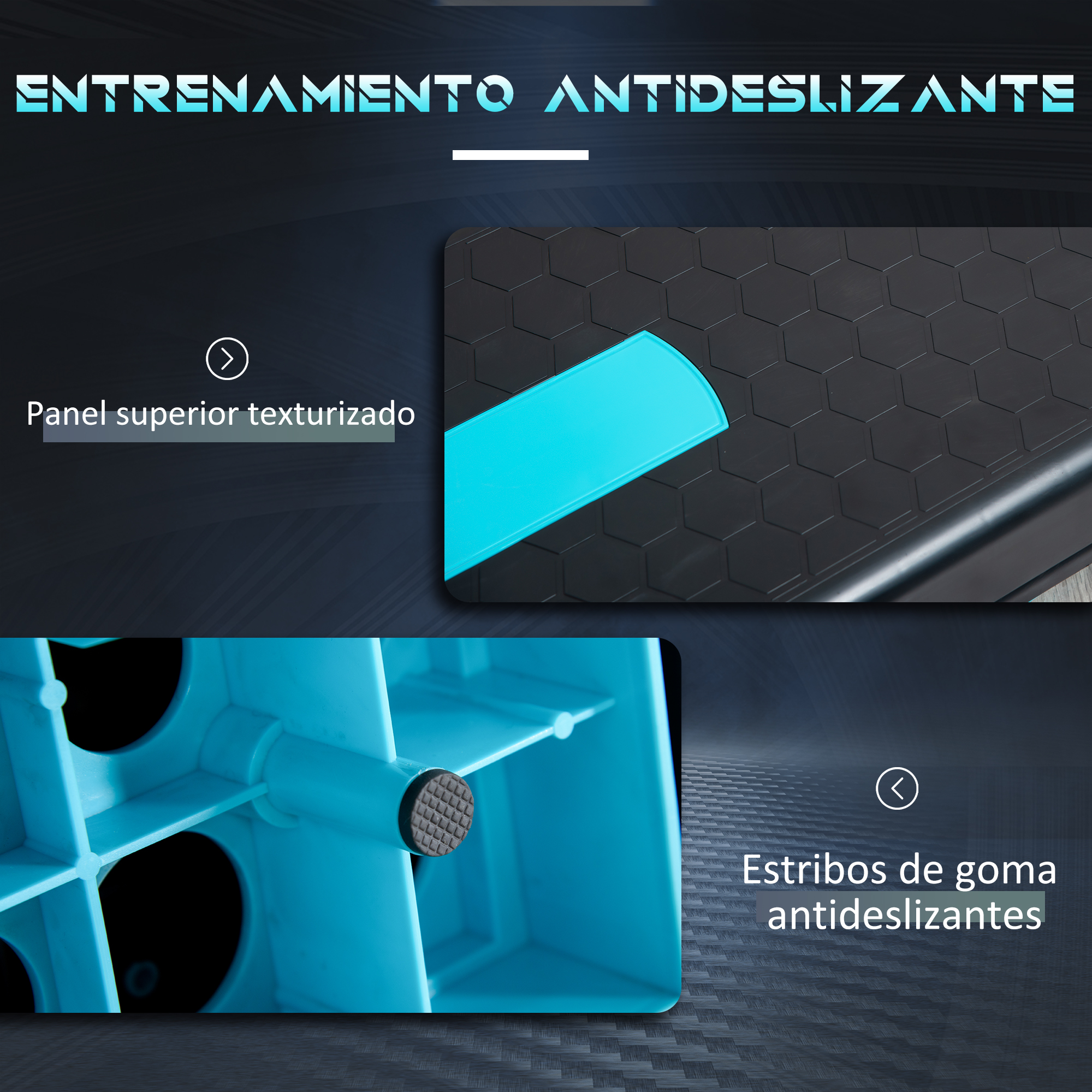 Un escalón de ejercicio con superficie texturizada y soportes de goma antideslizantes.