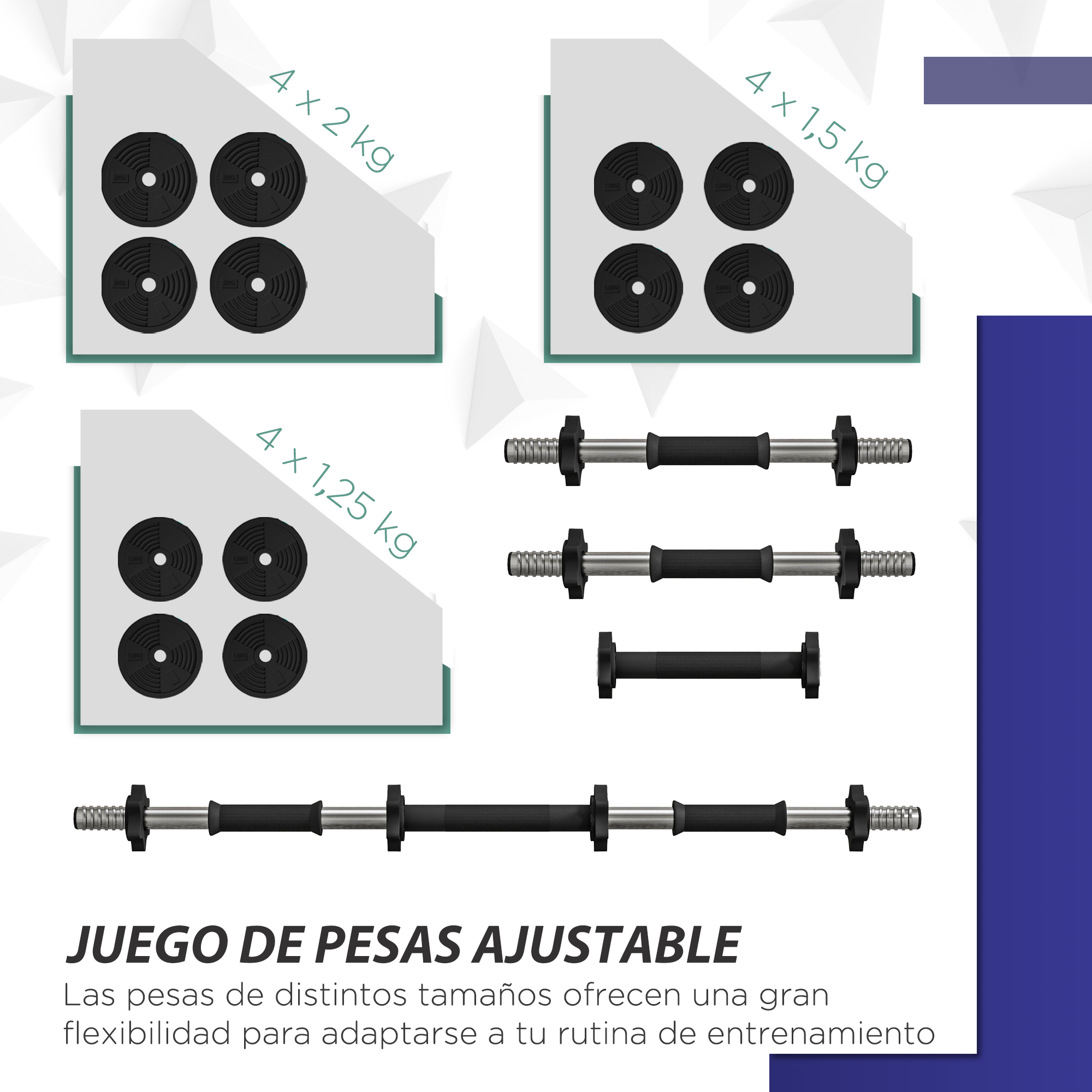 Juego de pesas ajustables con barras y discos, tamaños mostrados.