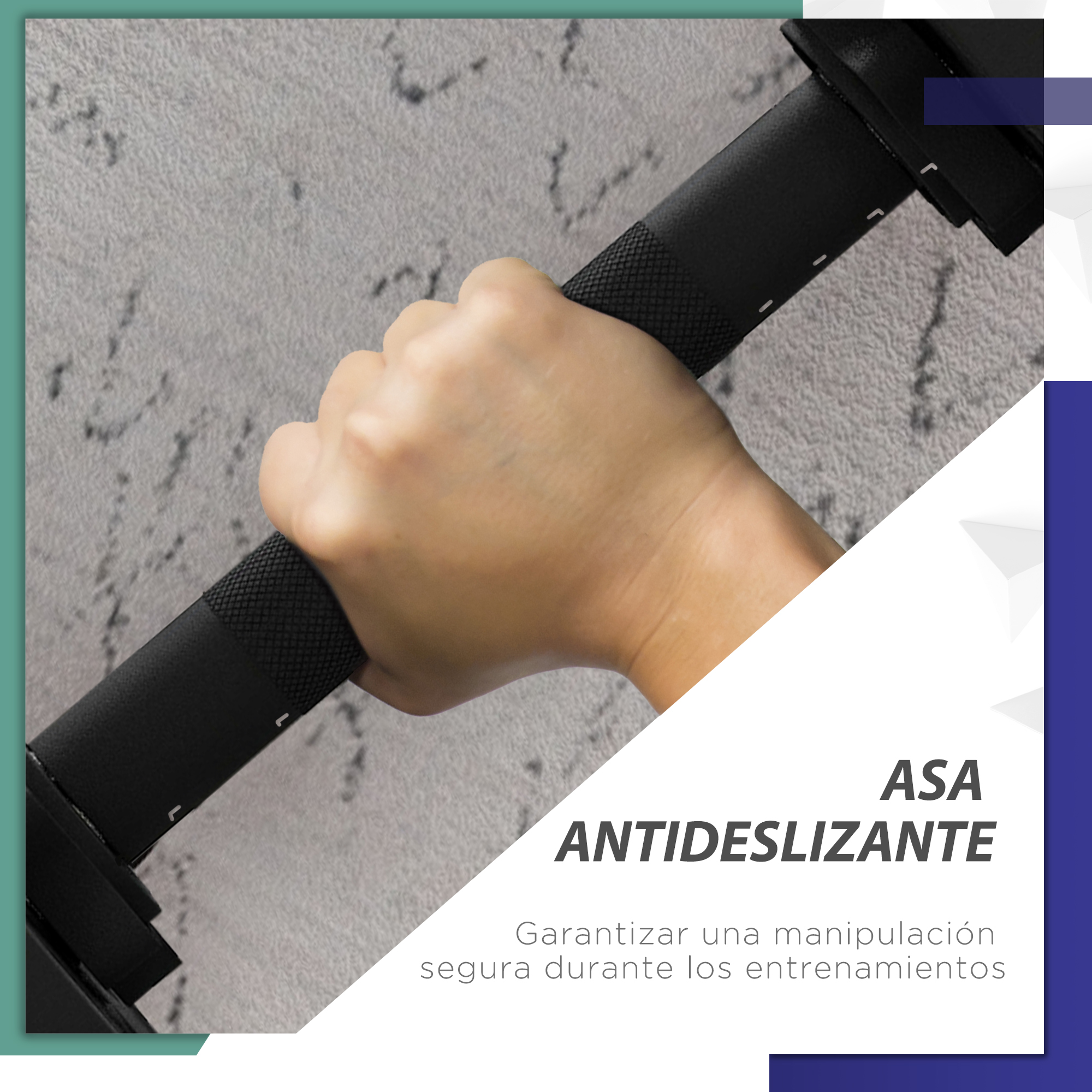 Una mano agarra una barra negra, con texto 'ASA ANTIDESLIZANTE' y seguridad durante entrenamientos.