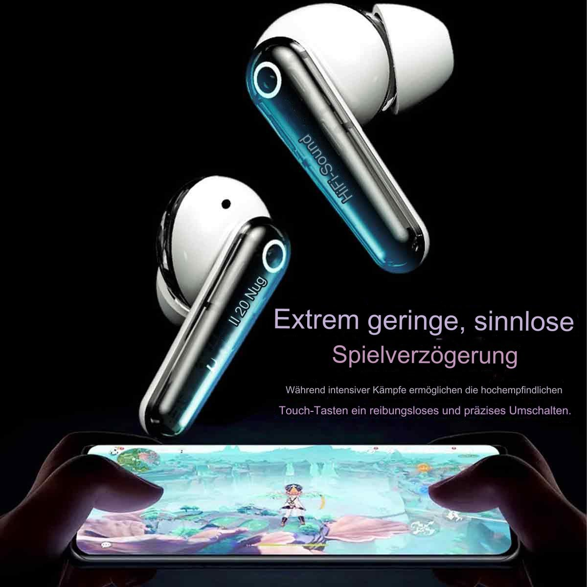 Zwei weiße kabellose Ohrhörer. Text auf dem Gehäuse. Hände spielen Spiel. Schwarzer Hintergrund.