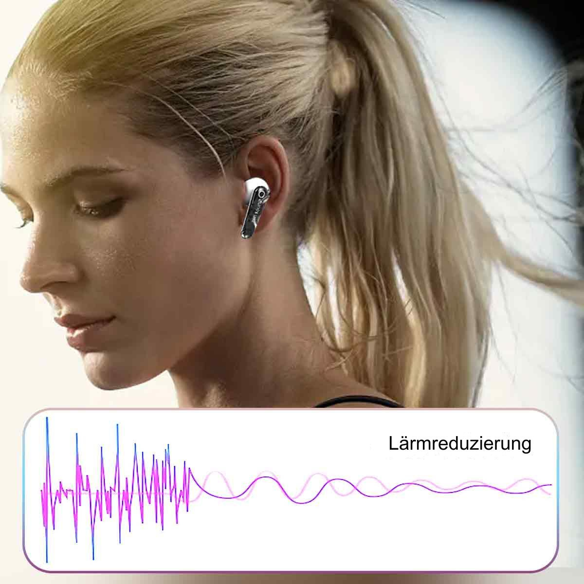 Eine Frau mit blonden Haaren trägt einen kabellosen Ohrhörer. Eine Schallwellengrafik ist ebenfalls vorhanden.
