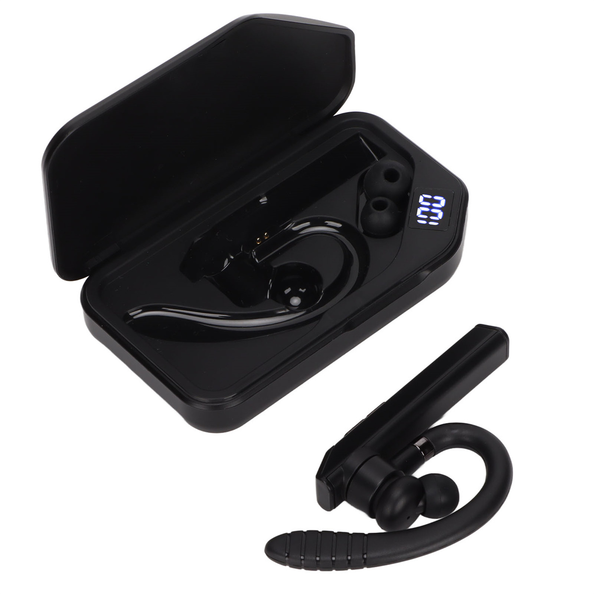 Eine schwarze, offene Headset-Hülle mit einem Headset und einem separaten Headset, beide in Schwarz.