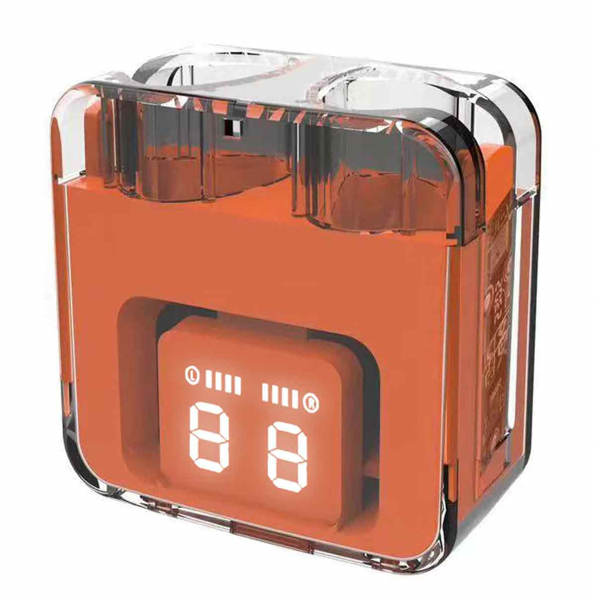 Oranges digitales Gerät mit transparentem Deckel. Zeigt die Nummer 88 an. Weißer Hintergrund.