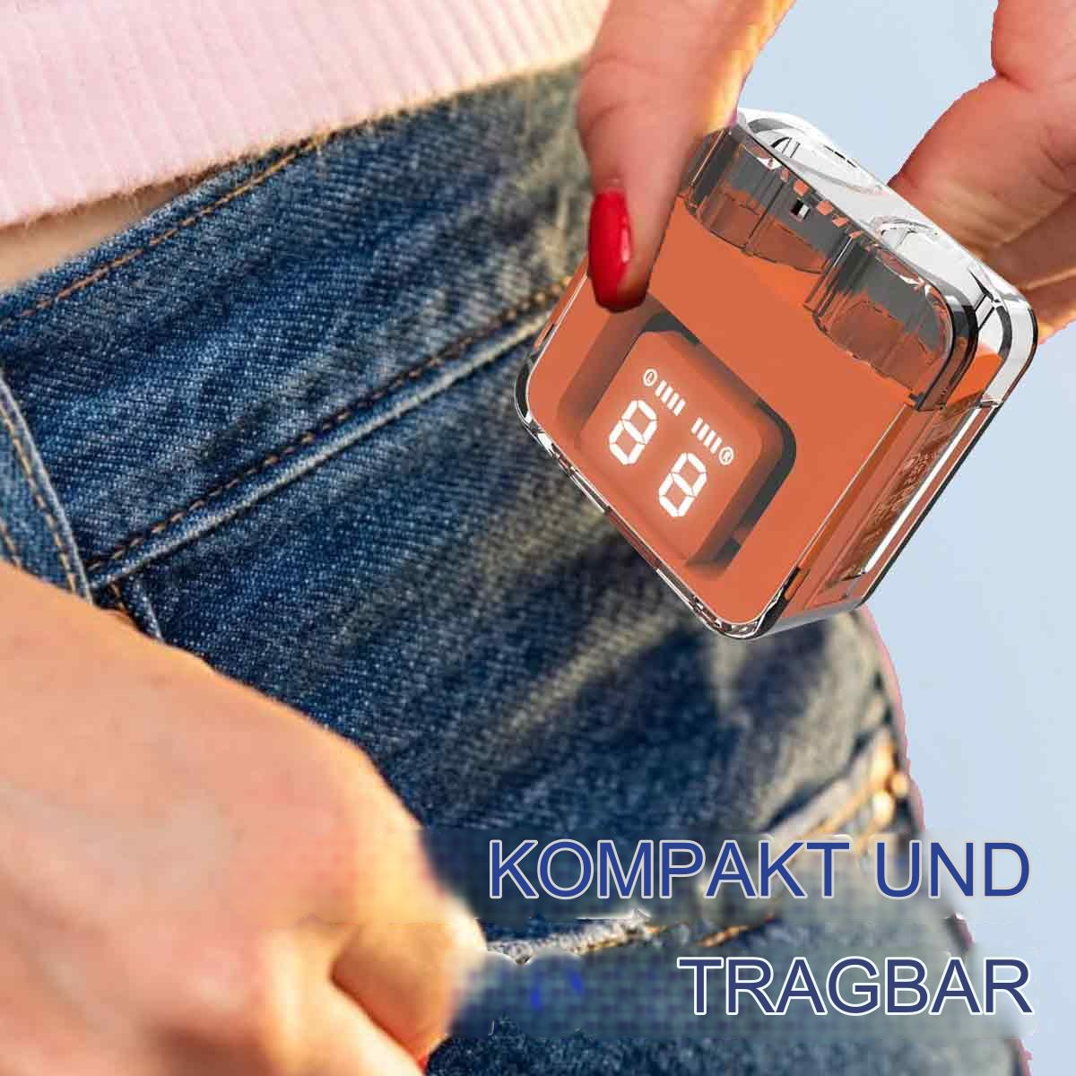 Die Hand einer Frau hält ein kleines oranges Gerät mit digitaler Anzeige. Es ist kompakt und tragbar.