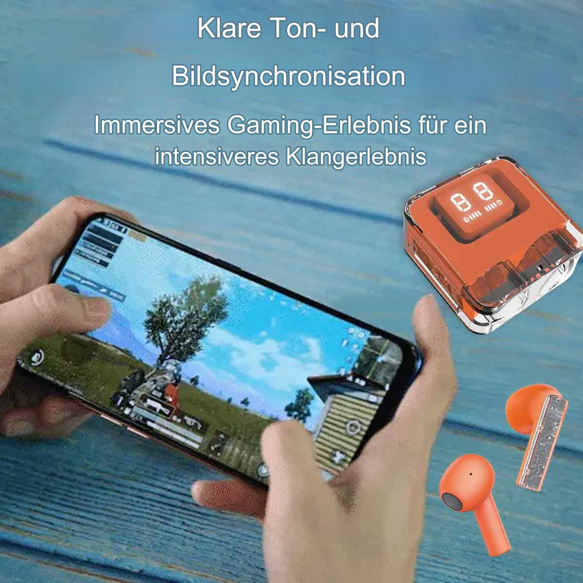 Person hält Telefon mit Spiel, orangefarbene Ohrhörer und Lautsprecher.