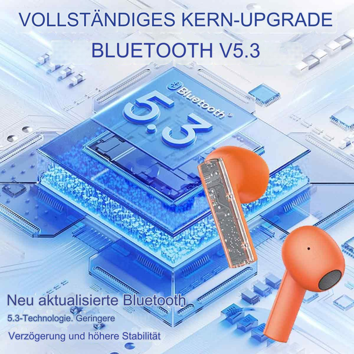 Zwei orangefarbene Ohrhörer mit Bluetooth 5.3 Grafik und Text.