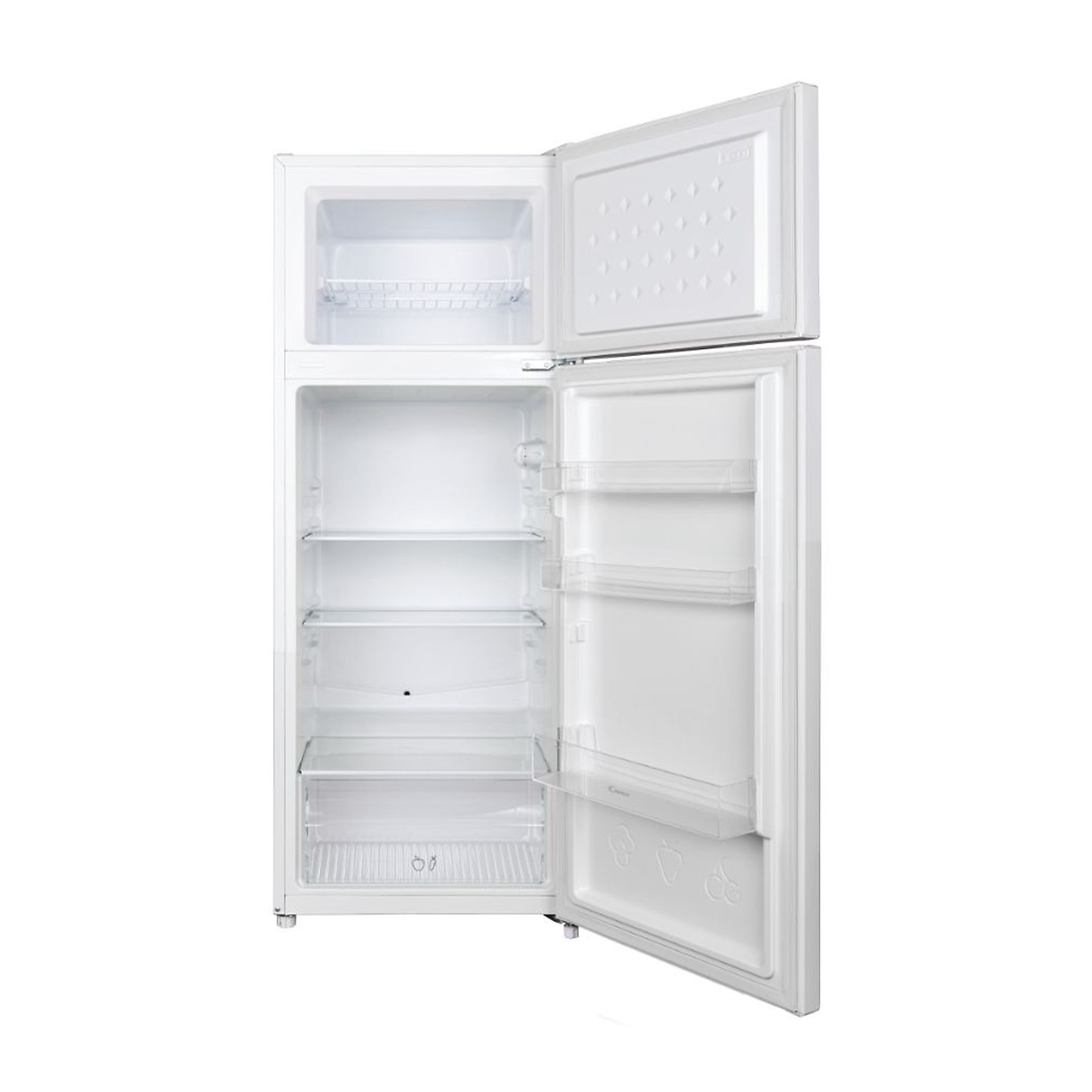 Frigorifero bianco con entrambe le porte aperte. Ripiani e cassetti visibili. Sfondo bianco.