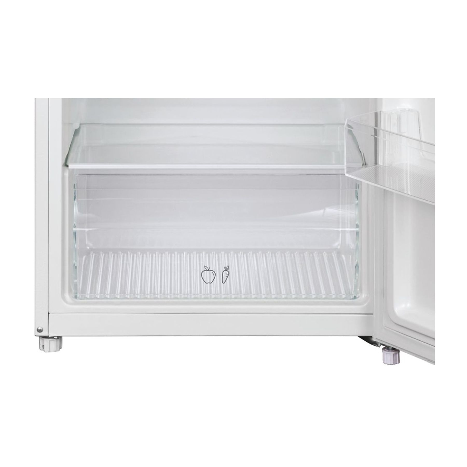 Interno di un frigorifero bianco. Ripiani in vetro e cassetto con icone di frutta.