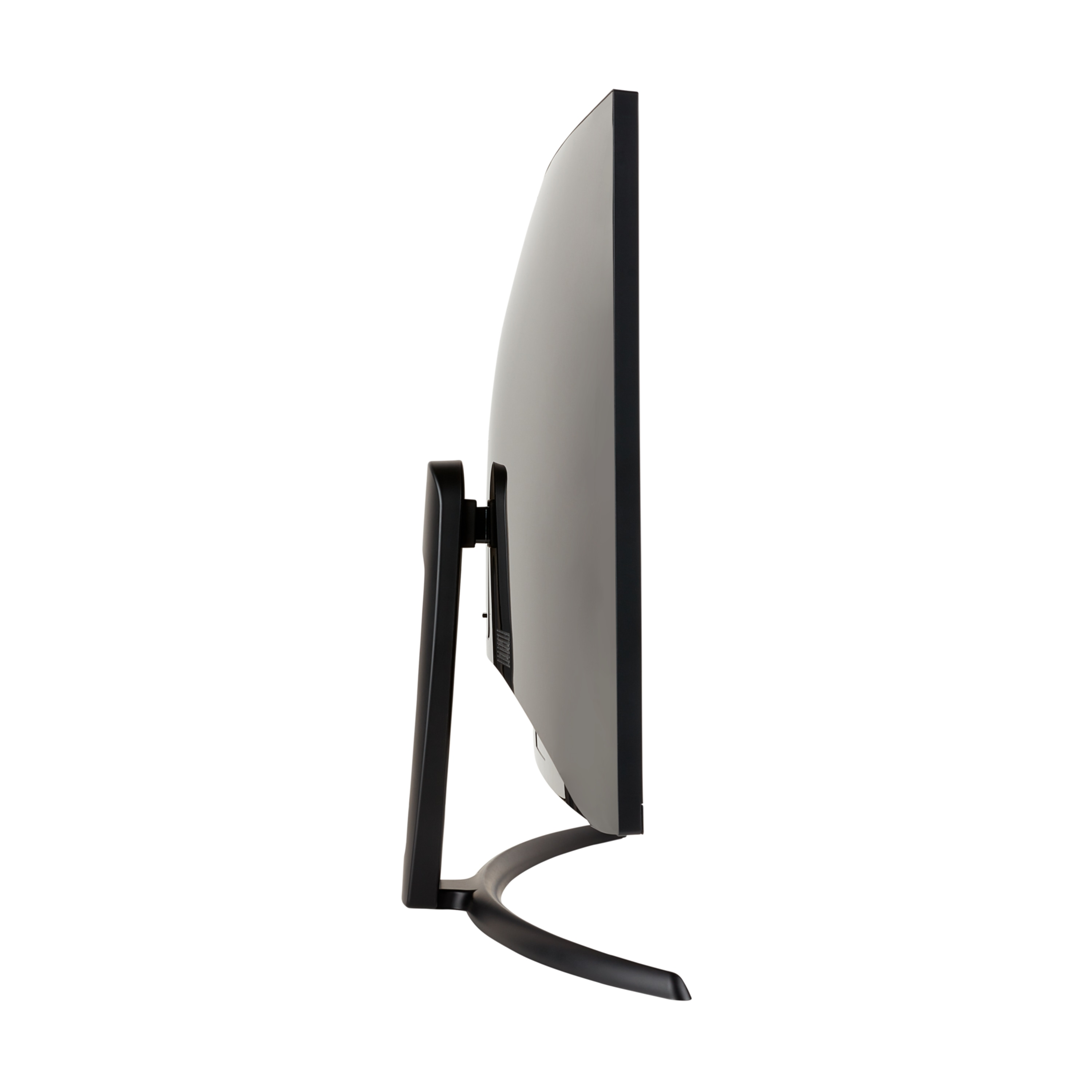 Zijaanzicht van een gebogen, zwarte computermonitor op een zwart statief, witte achtergrond.