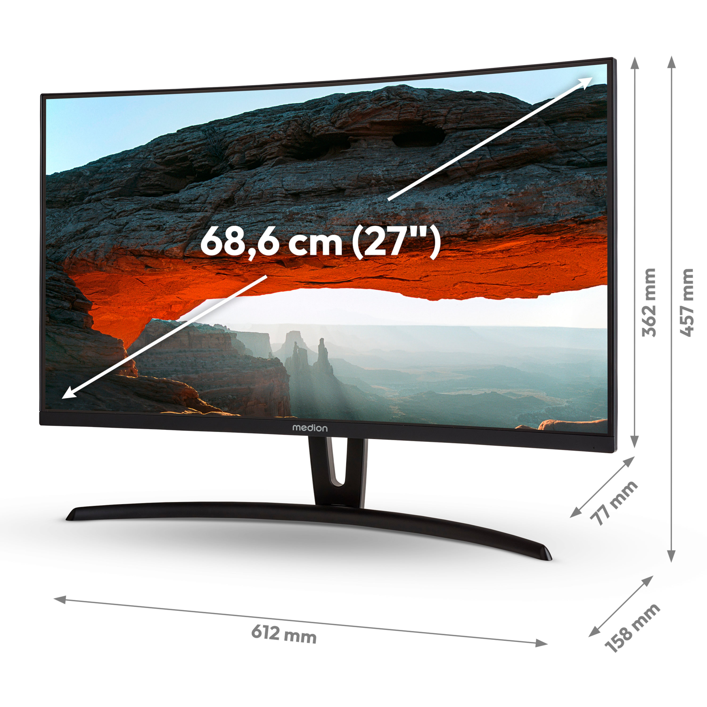 Gebogen zwarte computermonitor met afmetingen, met een landschapsafbeelding. Tekst: 68,6 cm (27")