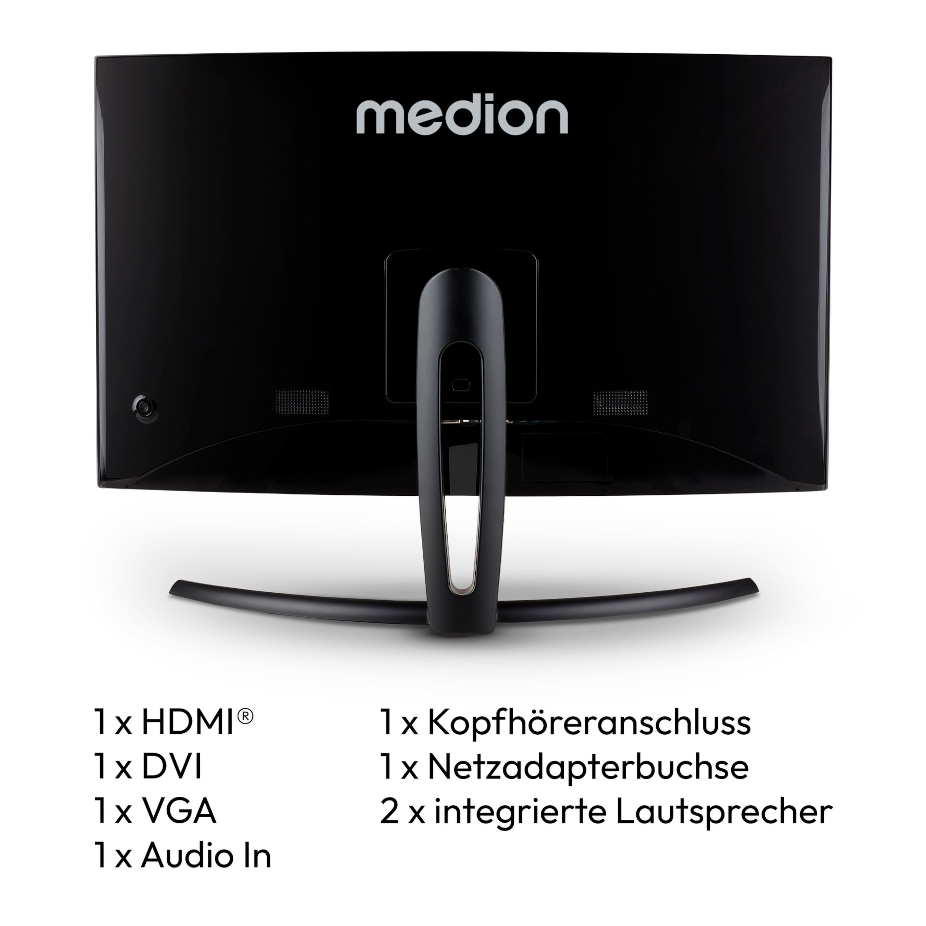 Achterkant van een zwarte Medion monitor. Tekst: HDMI, DVI, VGA, Audio In. En hoofdtelefoon, stroomaansluitingen.