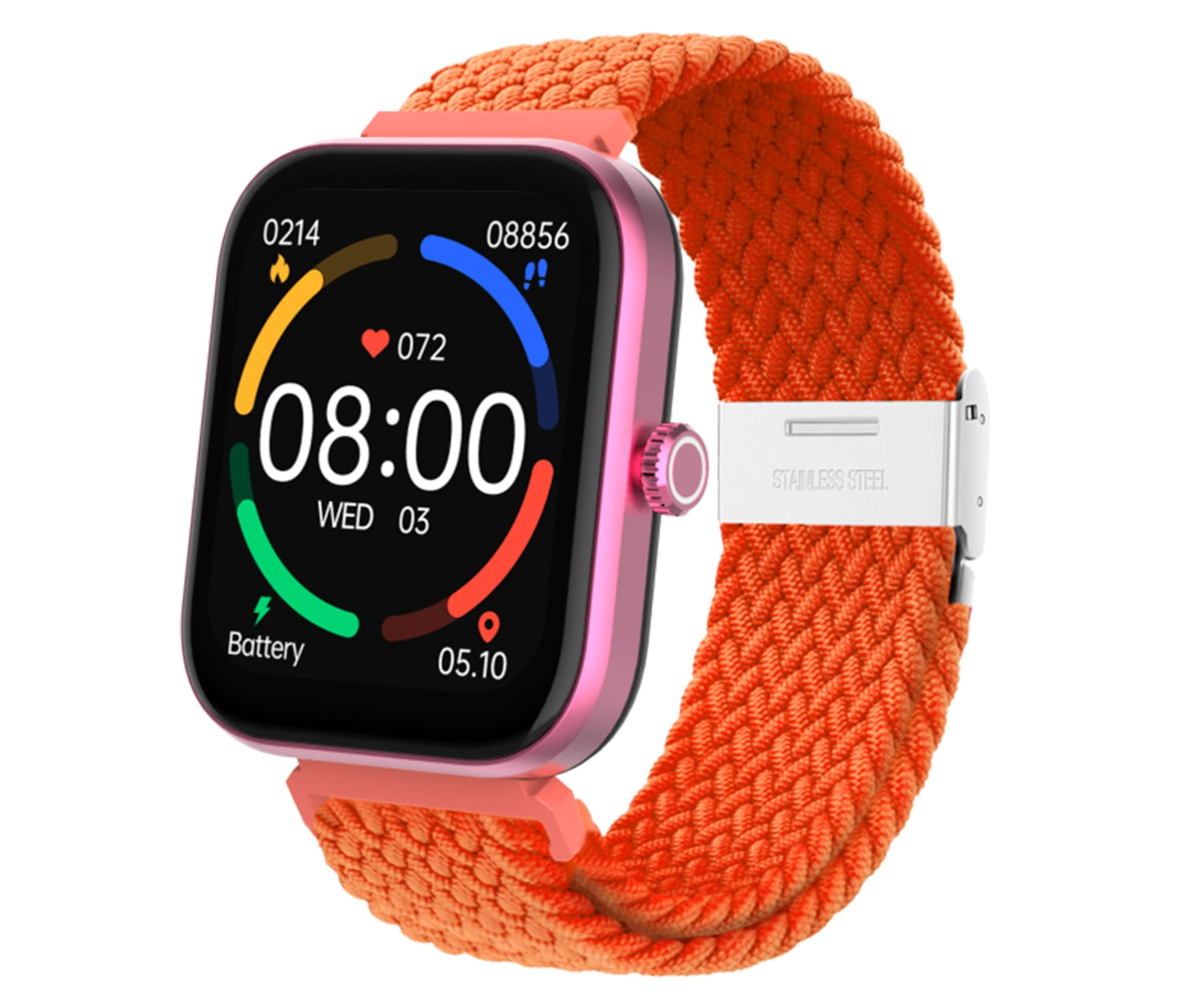 Smartwatch z pomarańczowym paskiem. Tarcza zegarka pokazuje czas i dane.