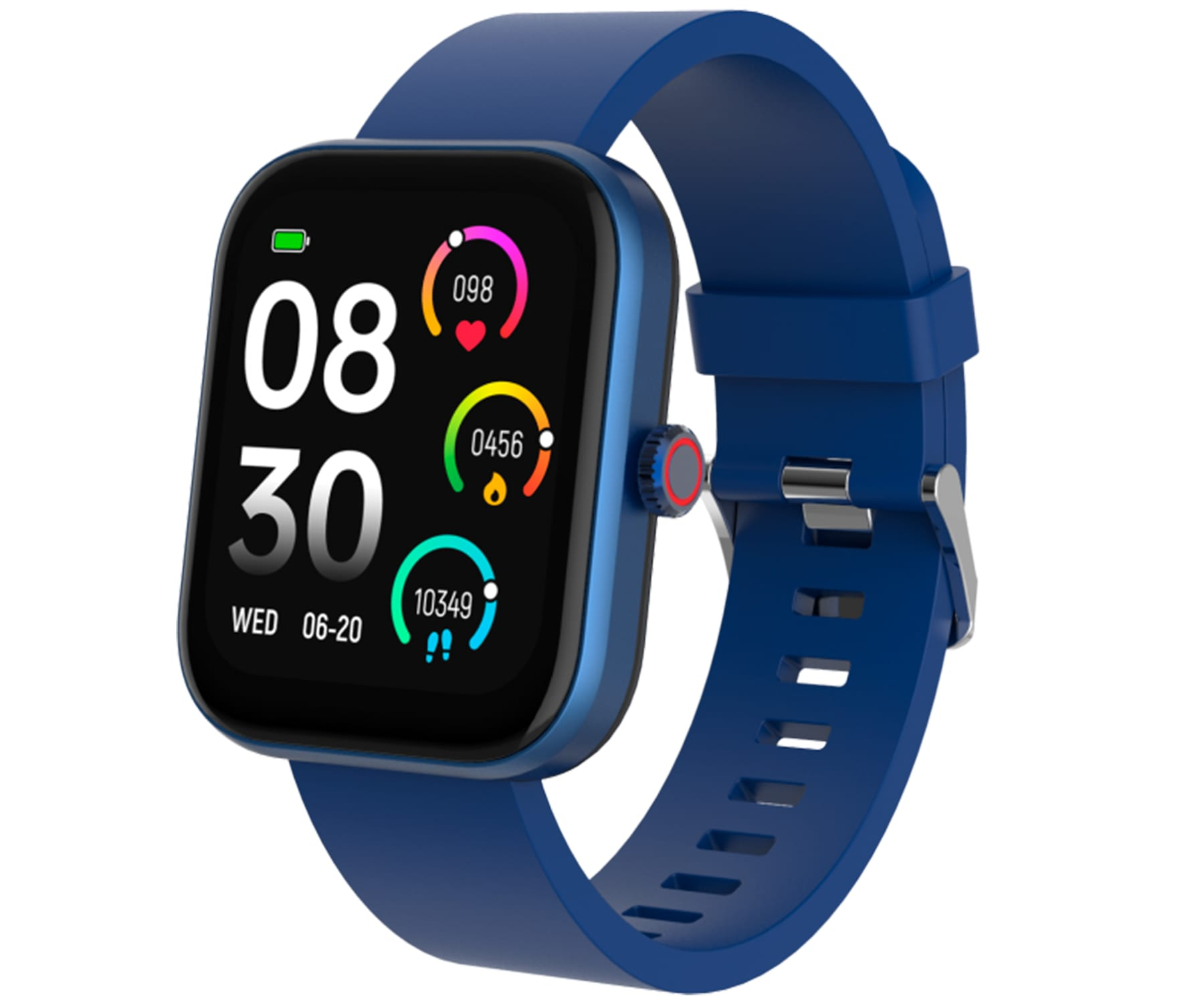 Niebieski smartwatch z wyświetlaczem pokazującym czas, kroki i dane dotyczące tętna.