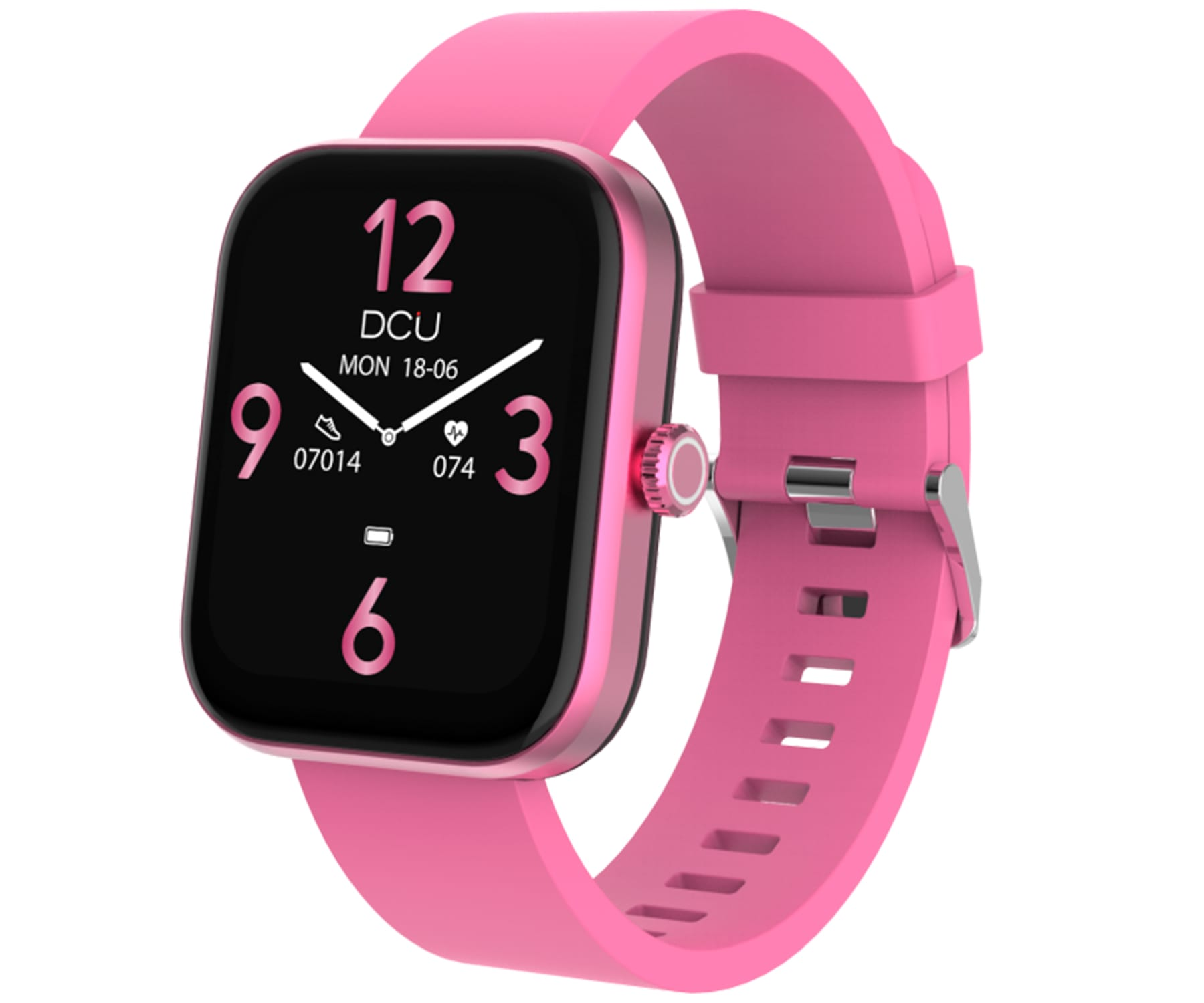 Różowy smartwatch wyświetla godzinę i datę. Posiada różowy pasek.